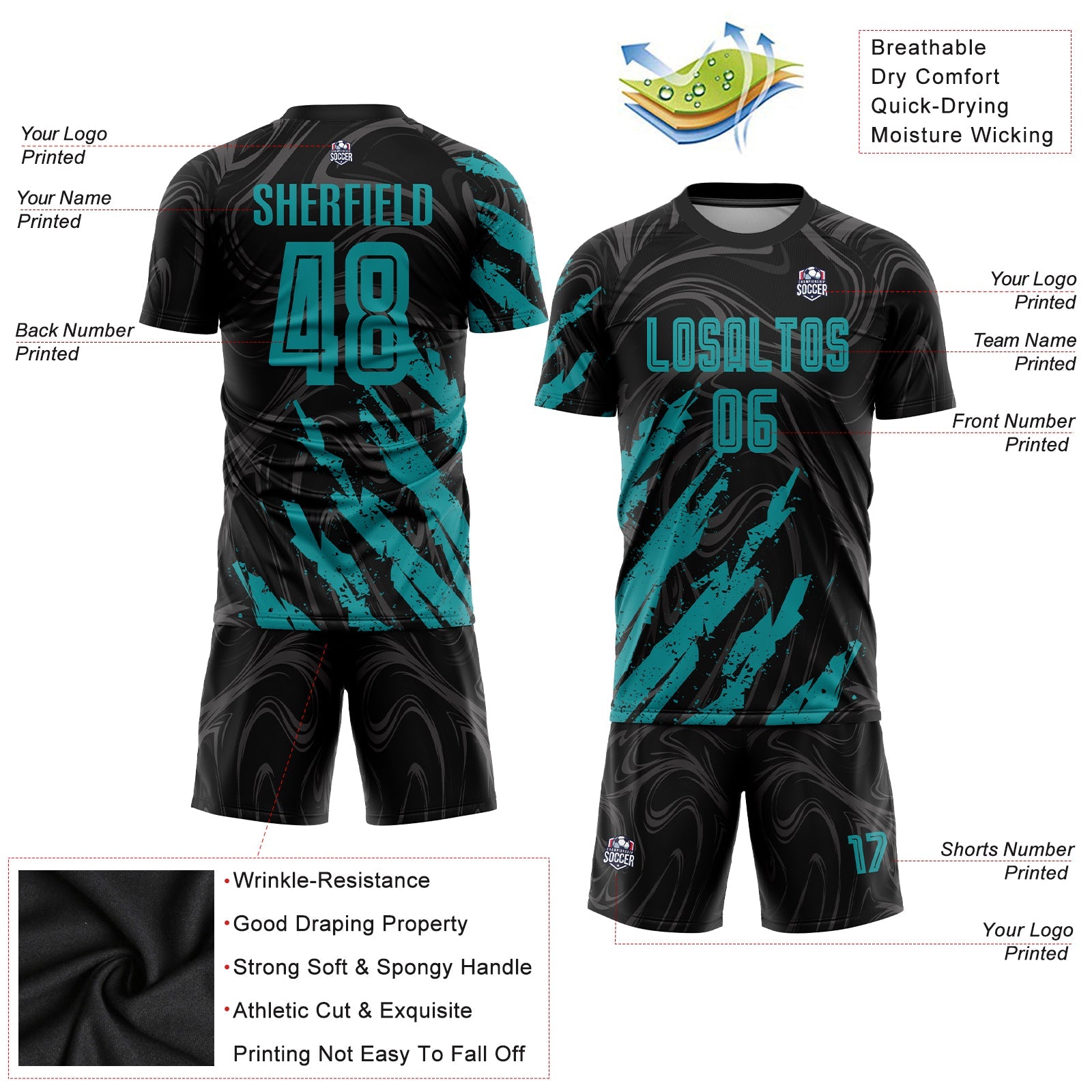 Custom Black Teal Sublimation Soccer Uniform Jersey view 3
