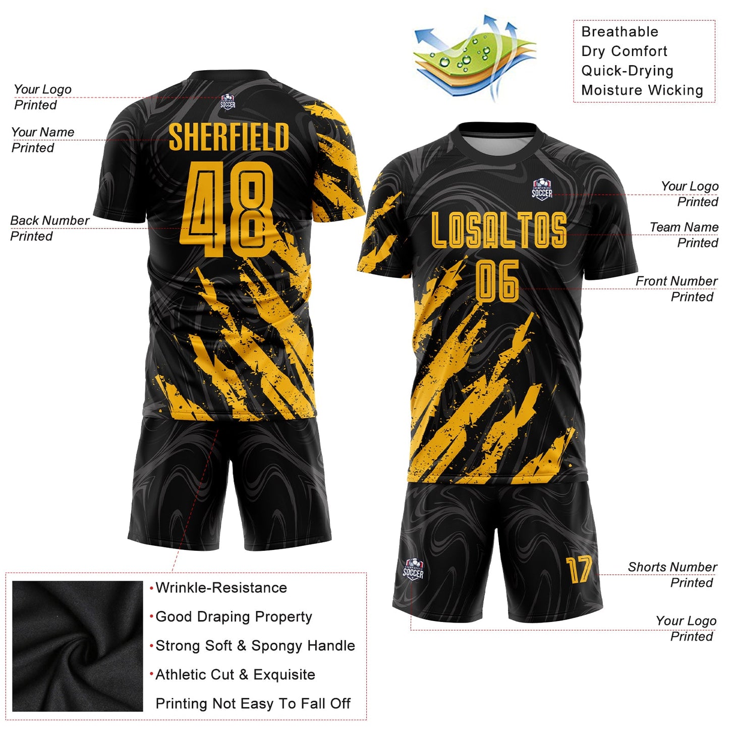Custom Black Gold Sublimation Soccer Uniform Jersey view 3