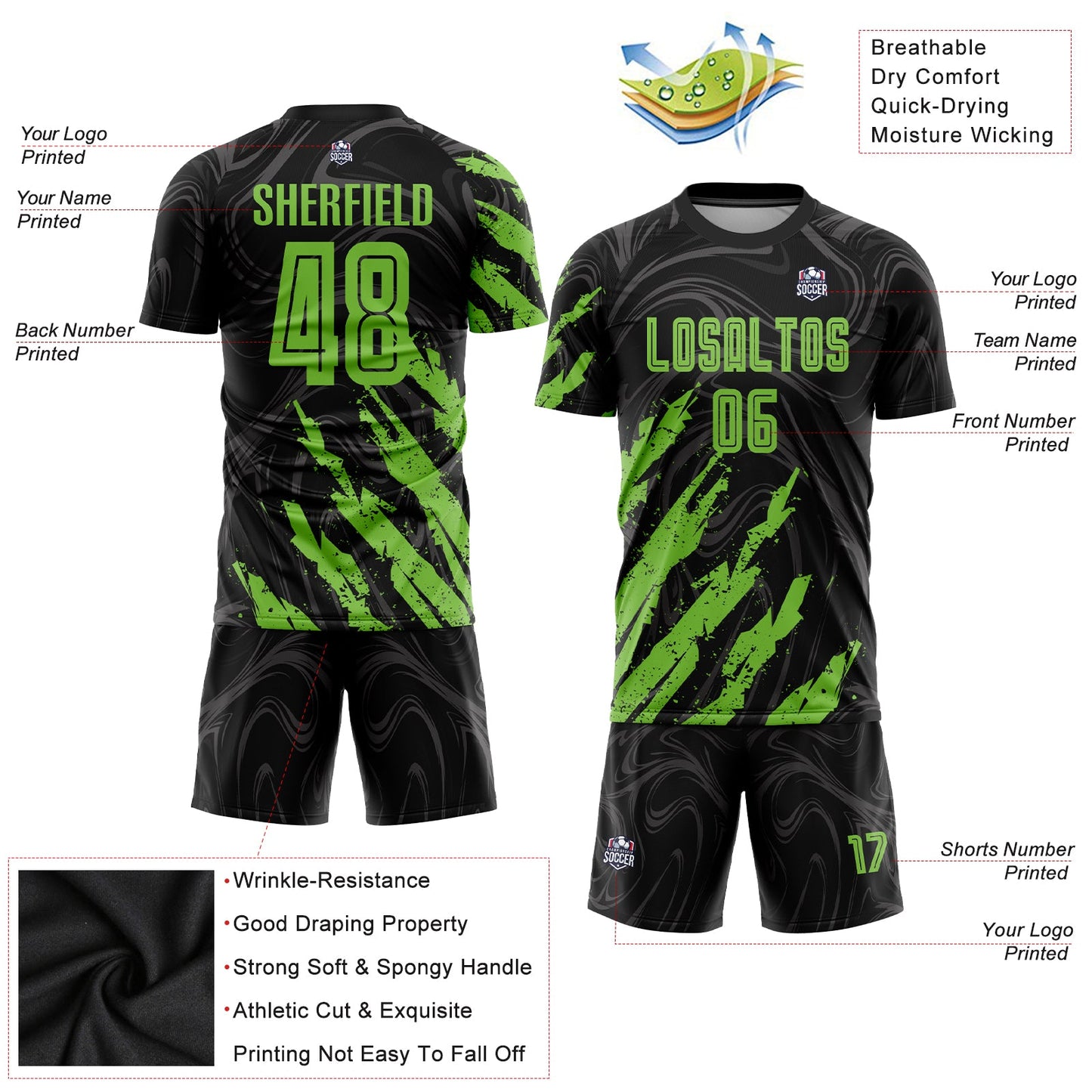Custom Black Neon Green Sublimation Soccer Uniform Jersey view 3