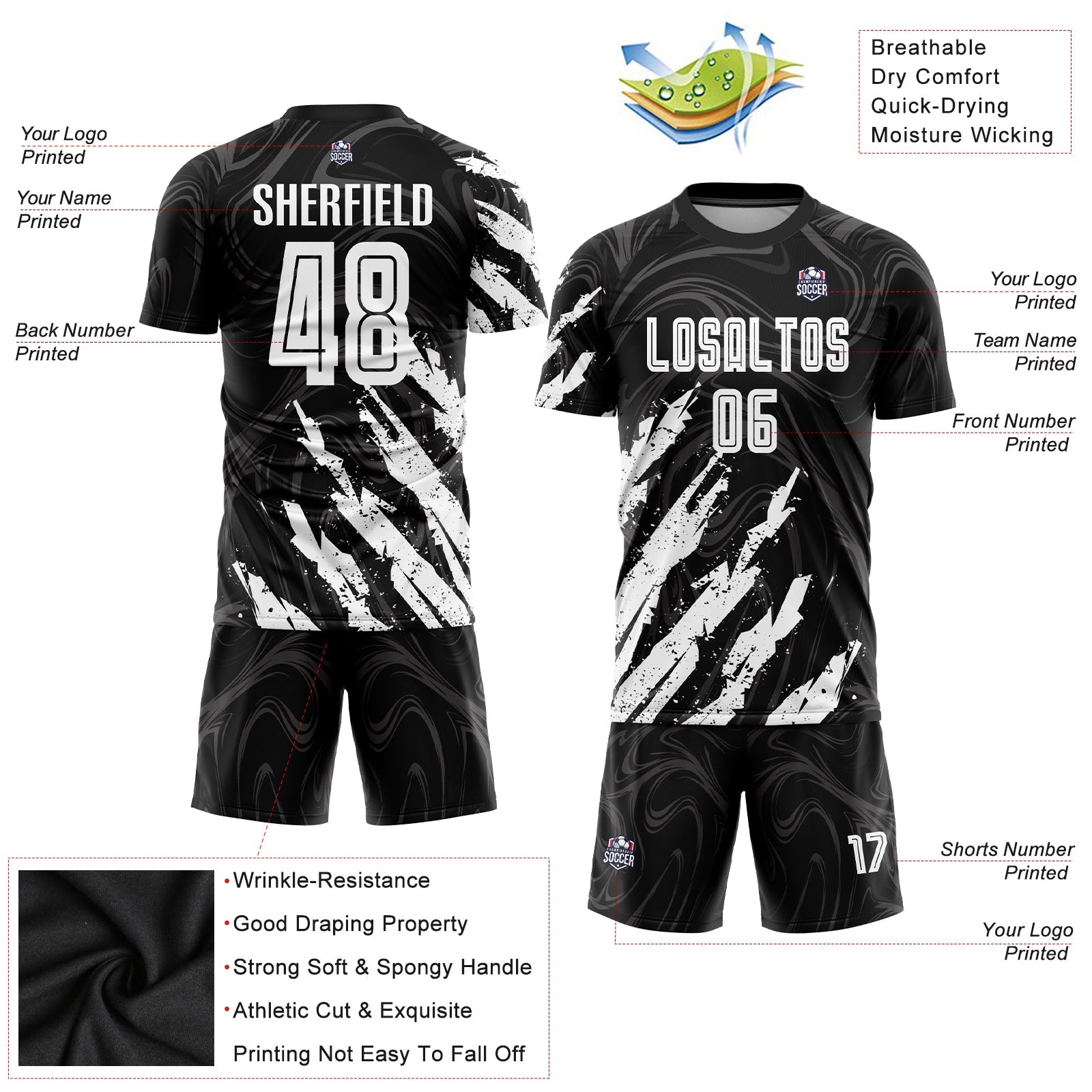 Custom Black White Sublimation Soccer Uniform Jersey view 3
