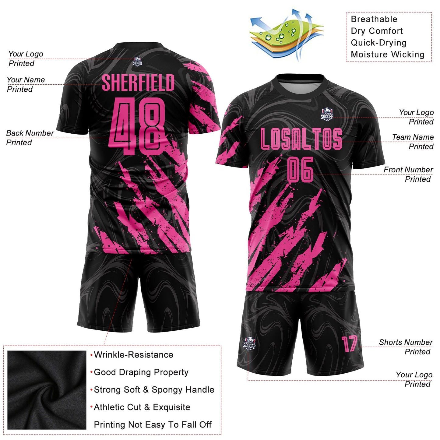 Custom Black Pink Sublimation Soccer Uniform Jersey view 3