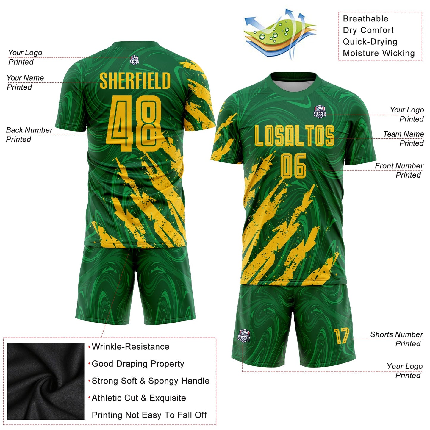 Custom Kelly Green Gold Sublimation Soccer Uniform Jersey view 3
