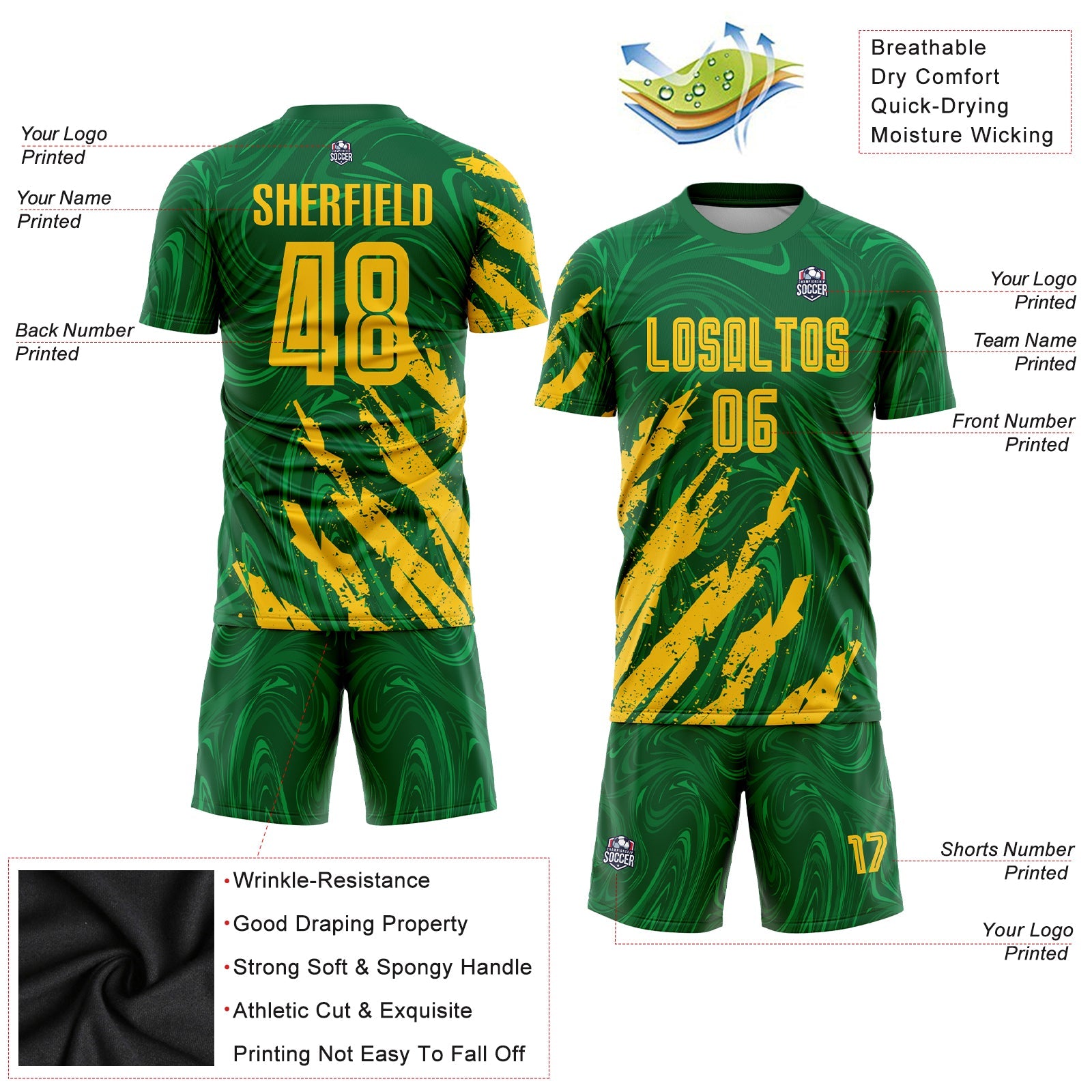 Custom Kelly Green Gold Sublimation Soccer Uniform Jersey view 3