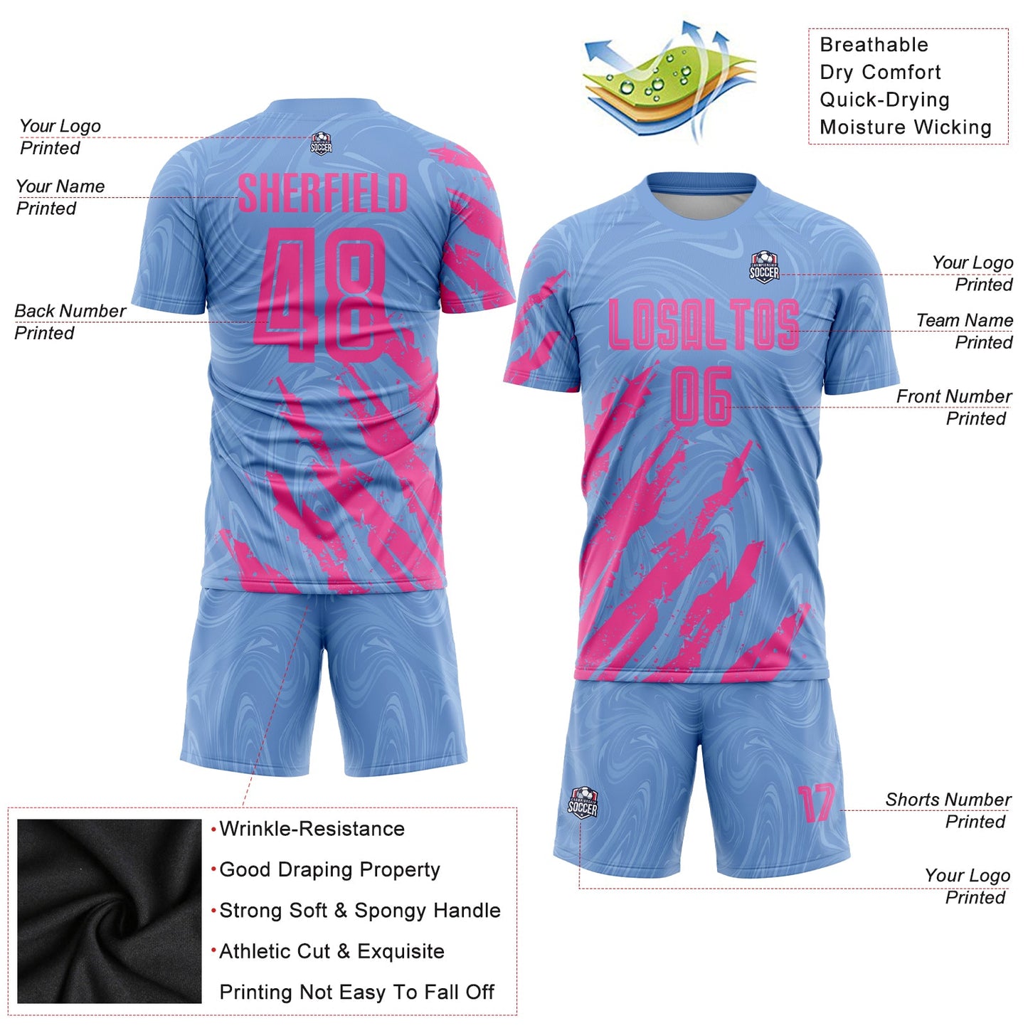 Custom Light Blue Pink Sublimation Soccer Uniform Jersey view 3
