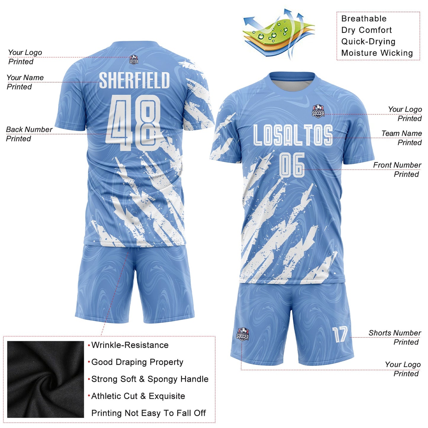 Custom Light Blue White Sublimation Soccer Uniform Jersey view 3