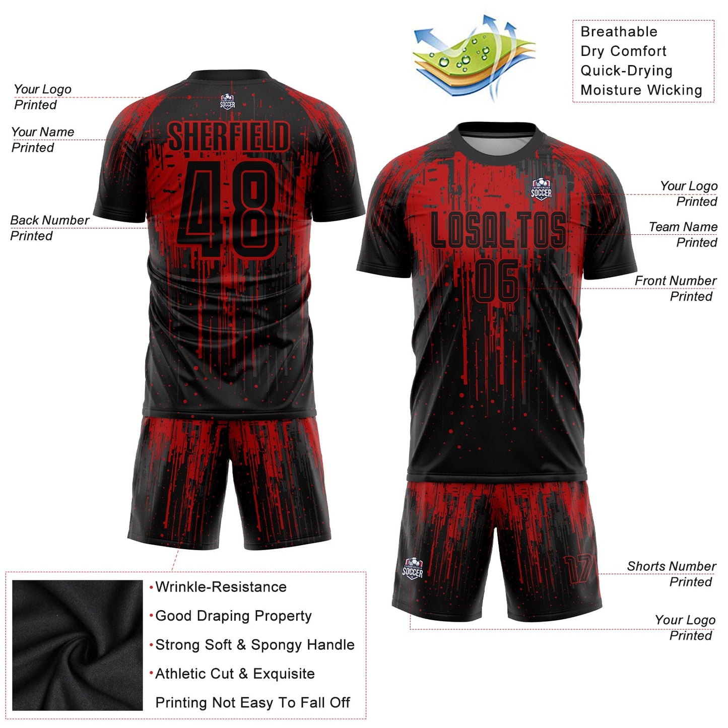 Custom Red Black Sublimation Soccer Uniform Jersey view 3