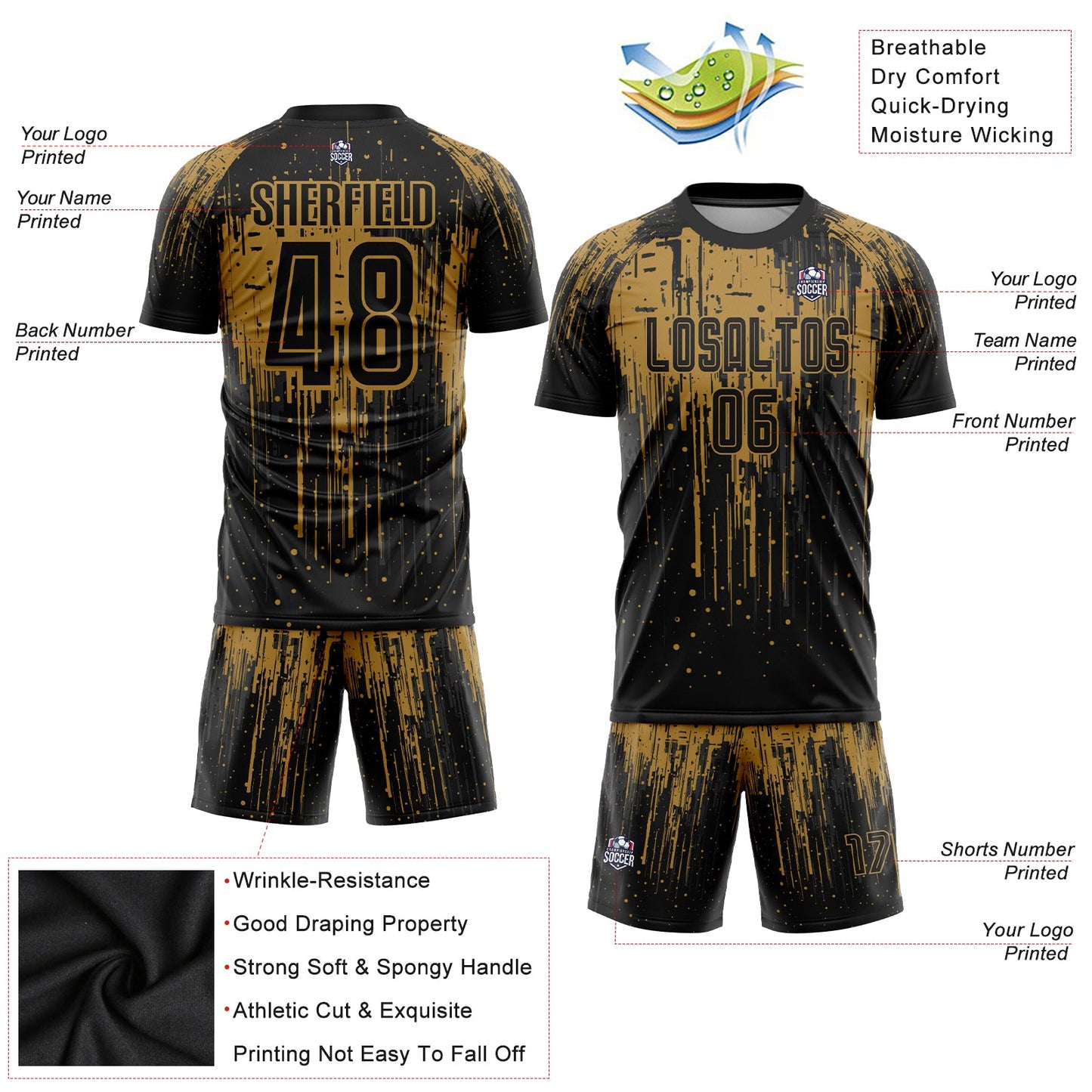 Custom Old Gold Black Sublimation Soccer Uniform Jersey view 3
