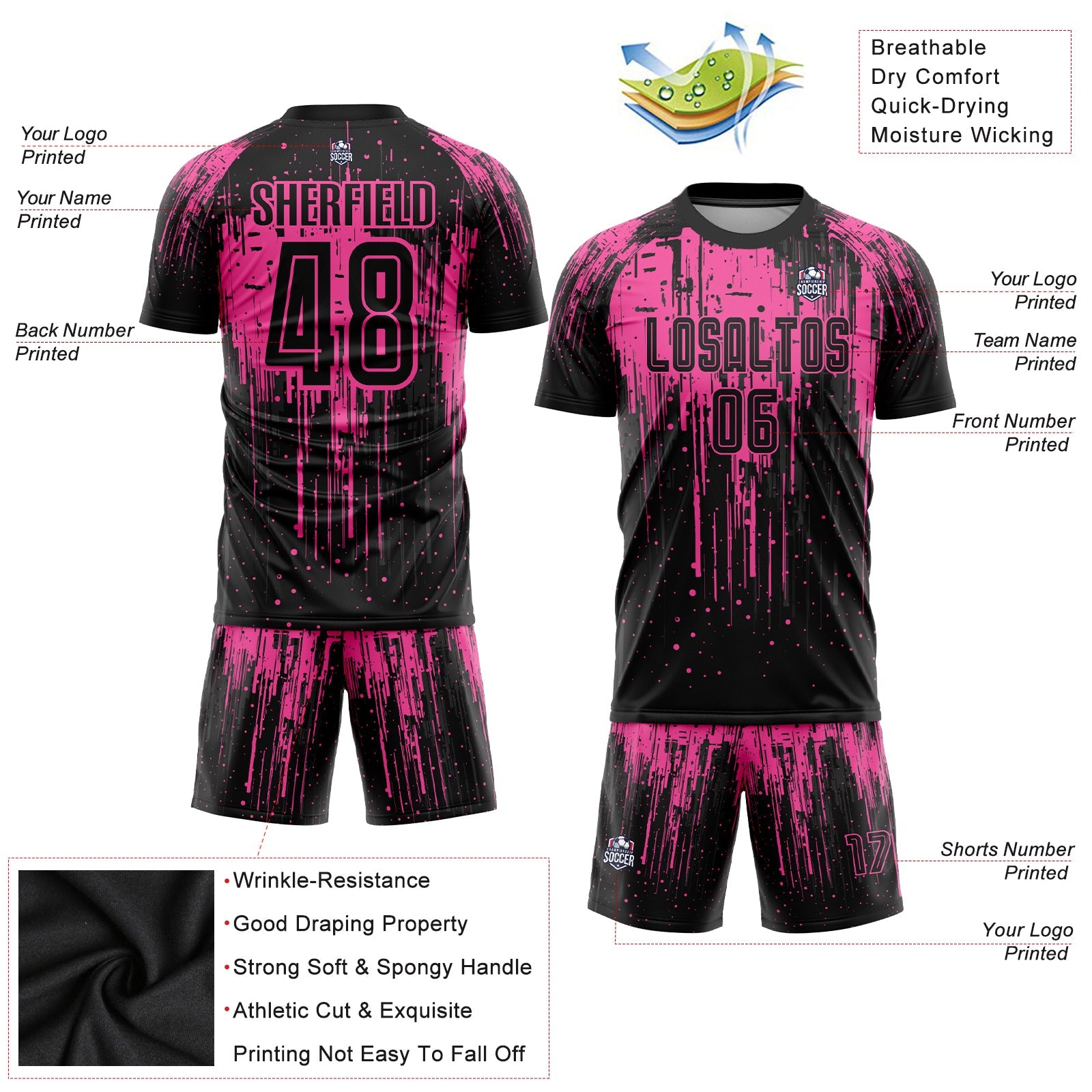 Custom Pink Black Sublimation Soccer Uniform Jersey view 3