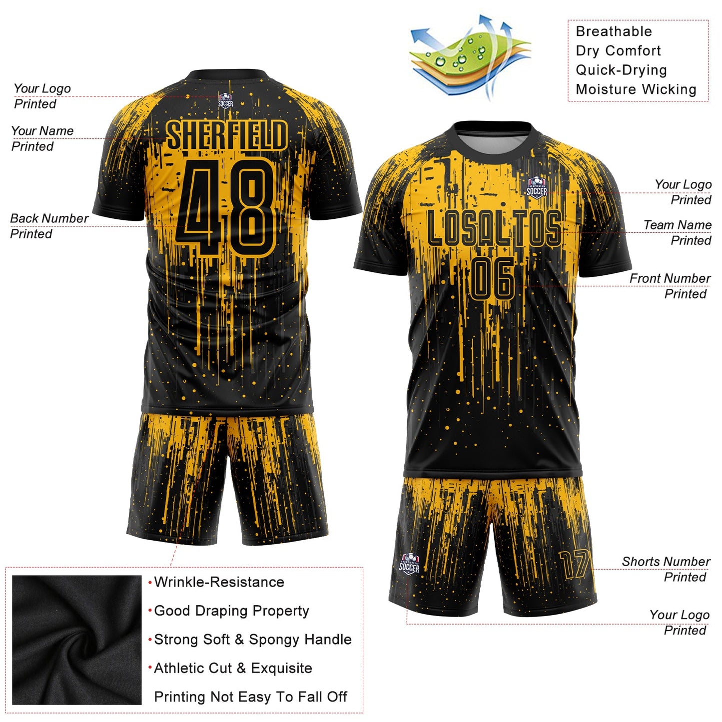 Custom Gold Black Sublimation Soccer Uniform Jersey view 3