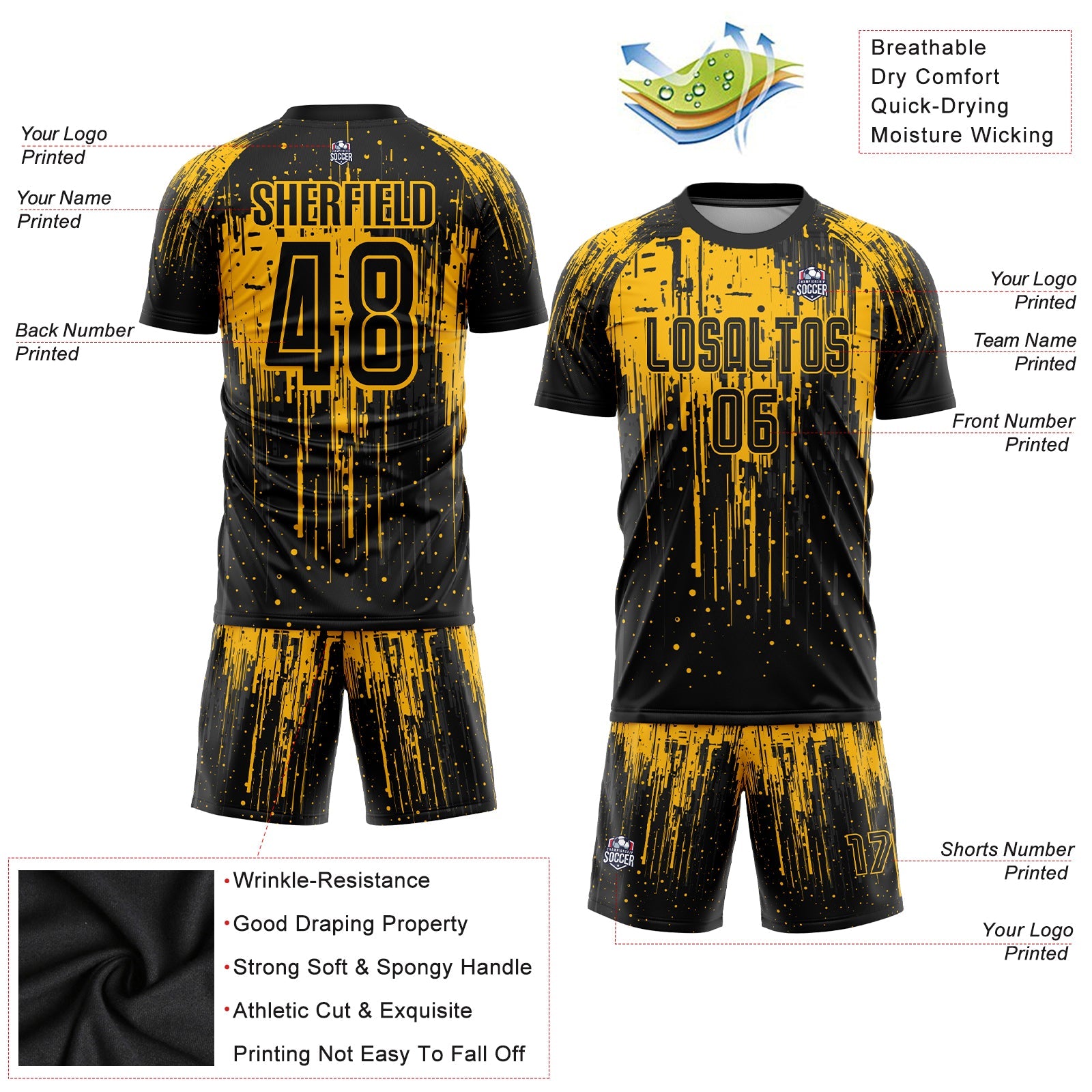 Custom Gold Black Sublimation Soccer Uniform Jersey view 3
