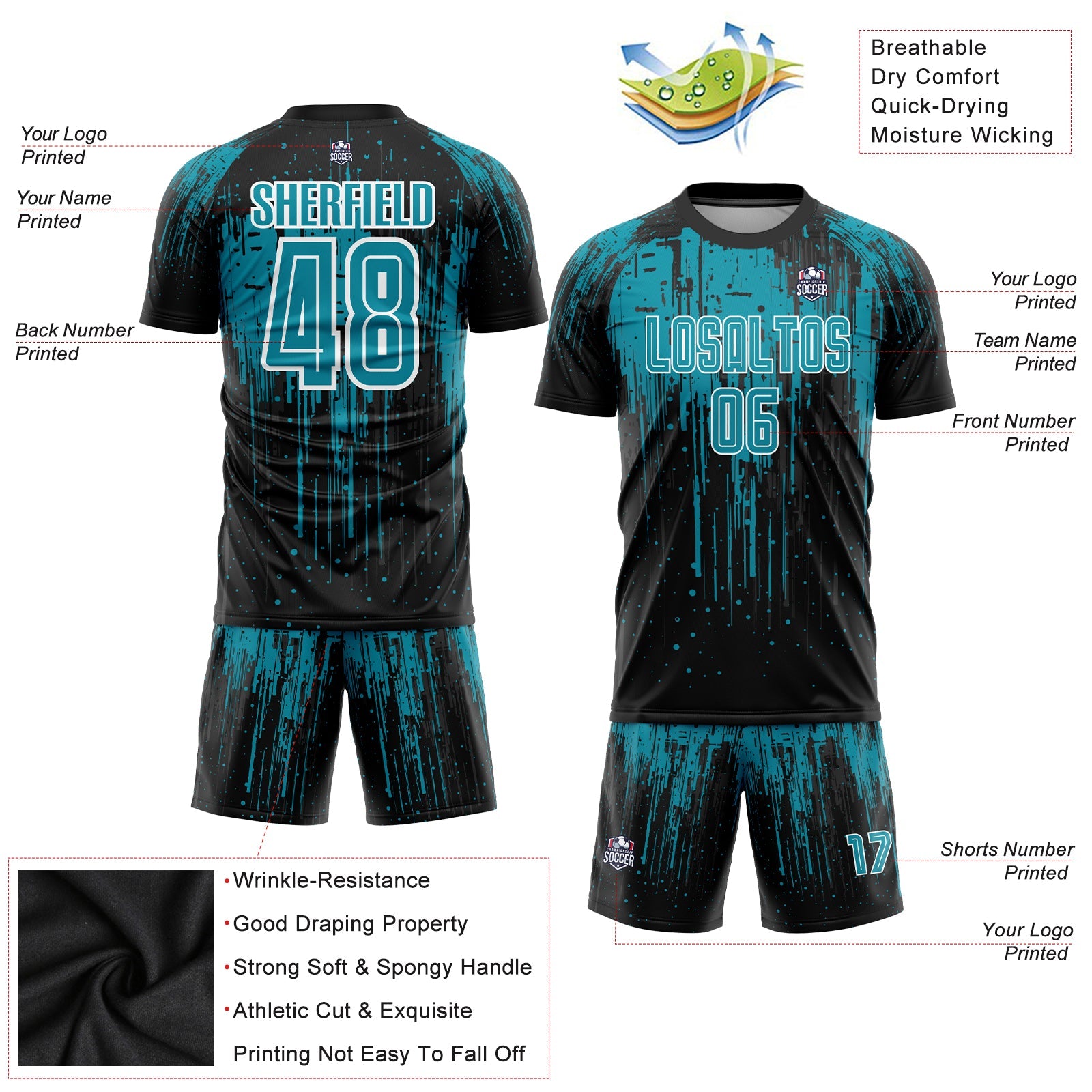 Custom Teal Black-White Sublimation Soccer Uniform Jersey view 3