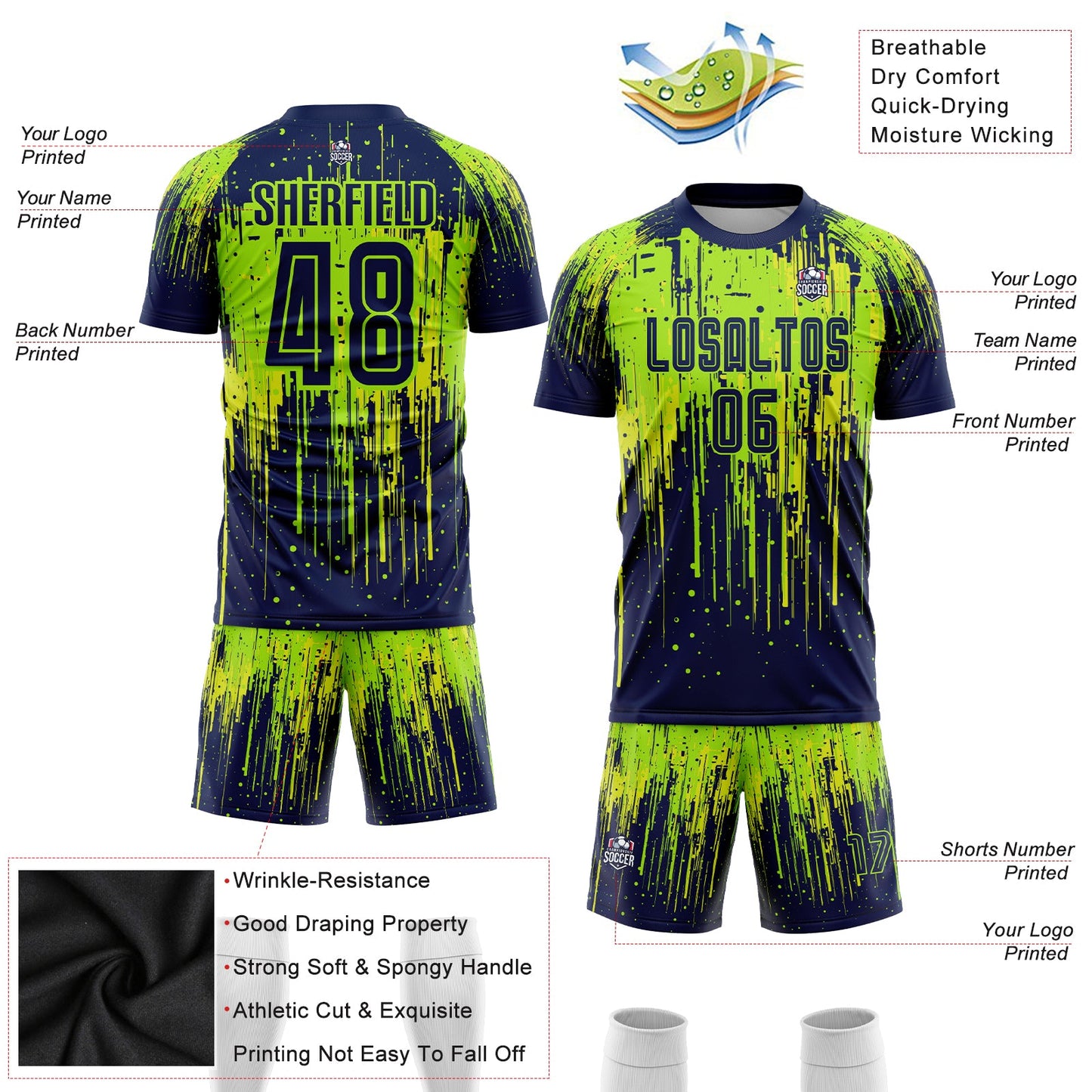 Custom Neon Green Navy-Neon Yellow Sublimation Soccer Uniform Jersey view 3