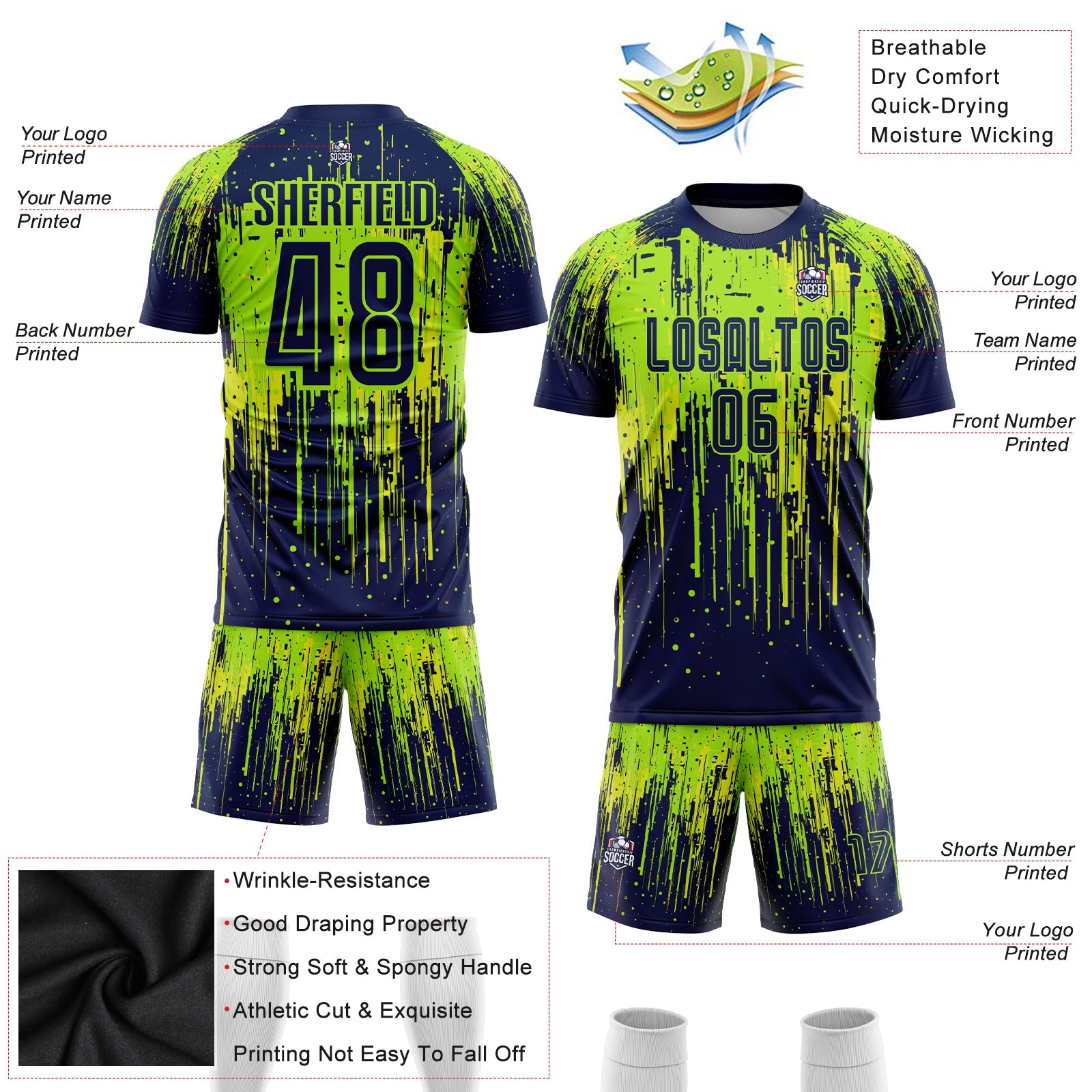 Custom Neon Green Navy-Neon Yellow Sublimation Soccer Uniform Jersey view 3