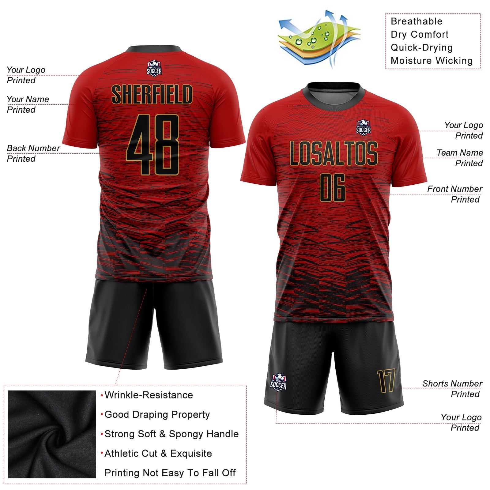 Custom Red Black-Old Gold Sublimation Soccer Uniform Jersey view 3