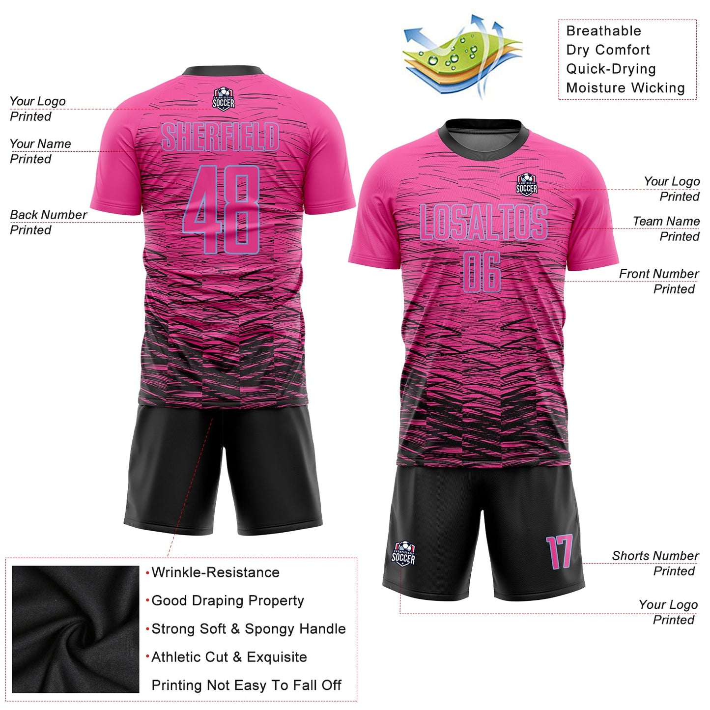 Custom Pink Black-Light Blue Sublimation Soccer Uniform Jersey view 3