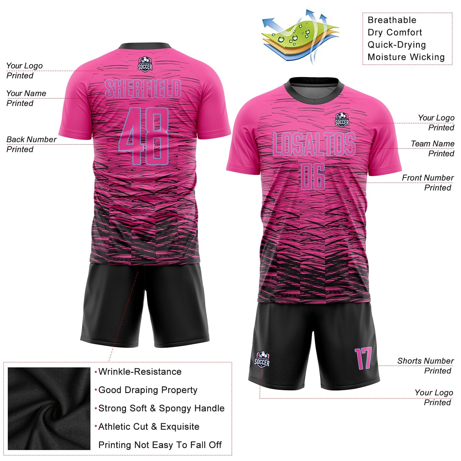 Custom Pink Black-Light Blue Sublimation Soccer Uniform Jersey view 3