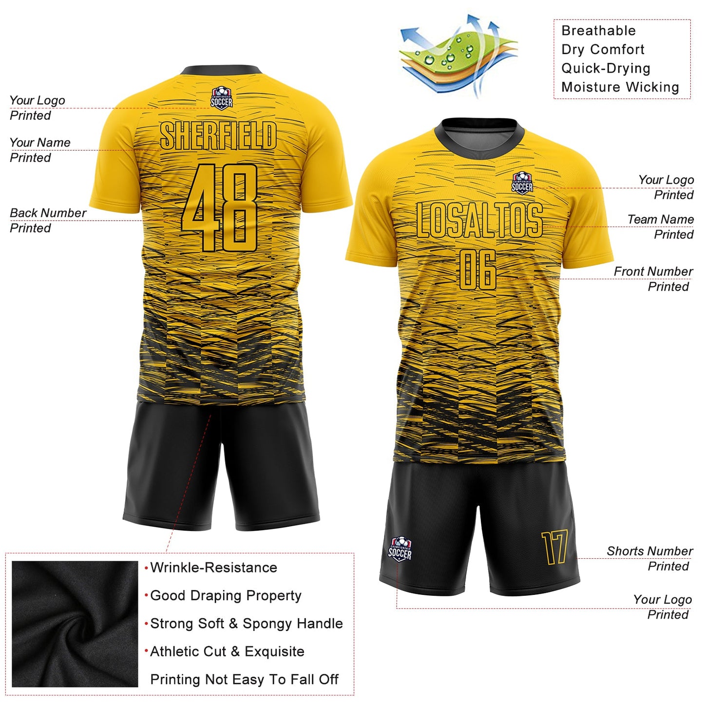 Custom Yellow Black Sublimation Soccer Uniform Jersey view 3