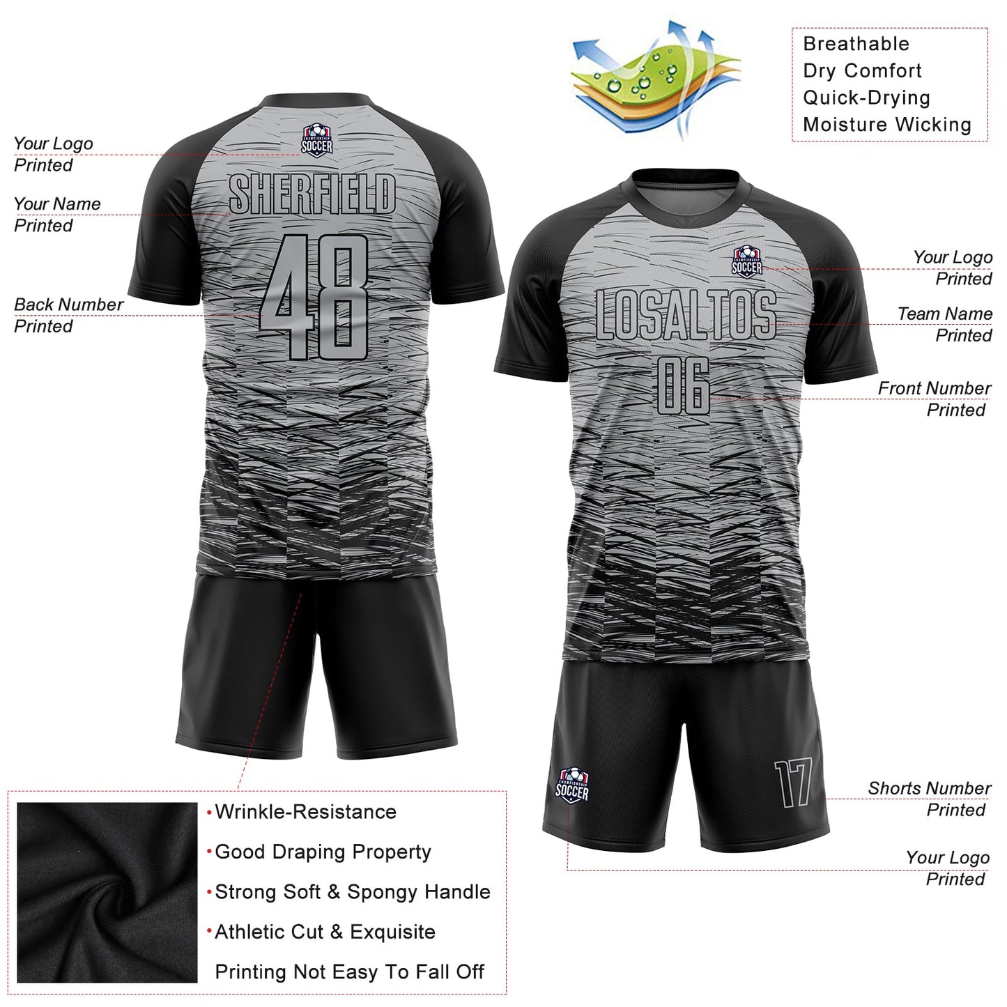 Custom Gray Black Sublimation Soccer Uniform Jersey view 3