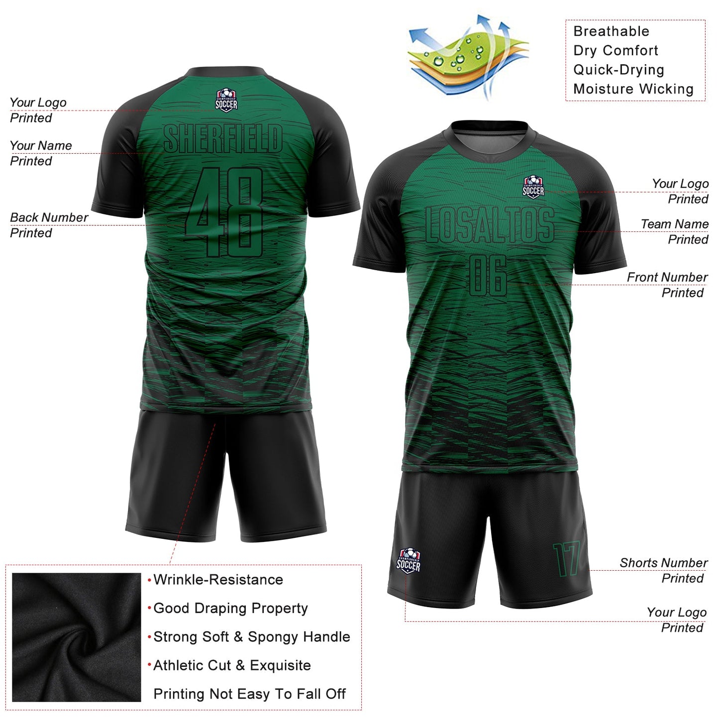 Custom Kelly Green Black Sublimation Soccer Uniform Jersey view 3
