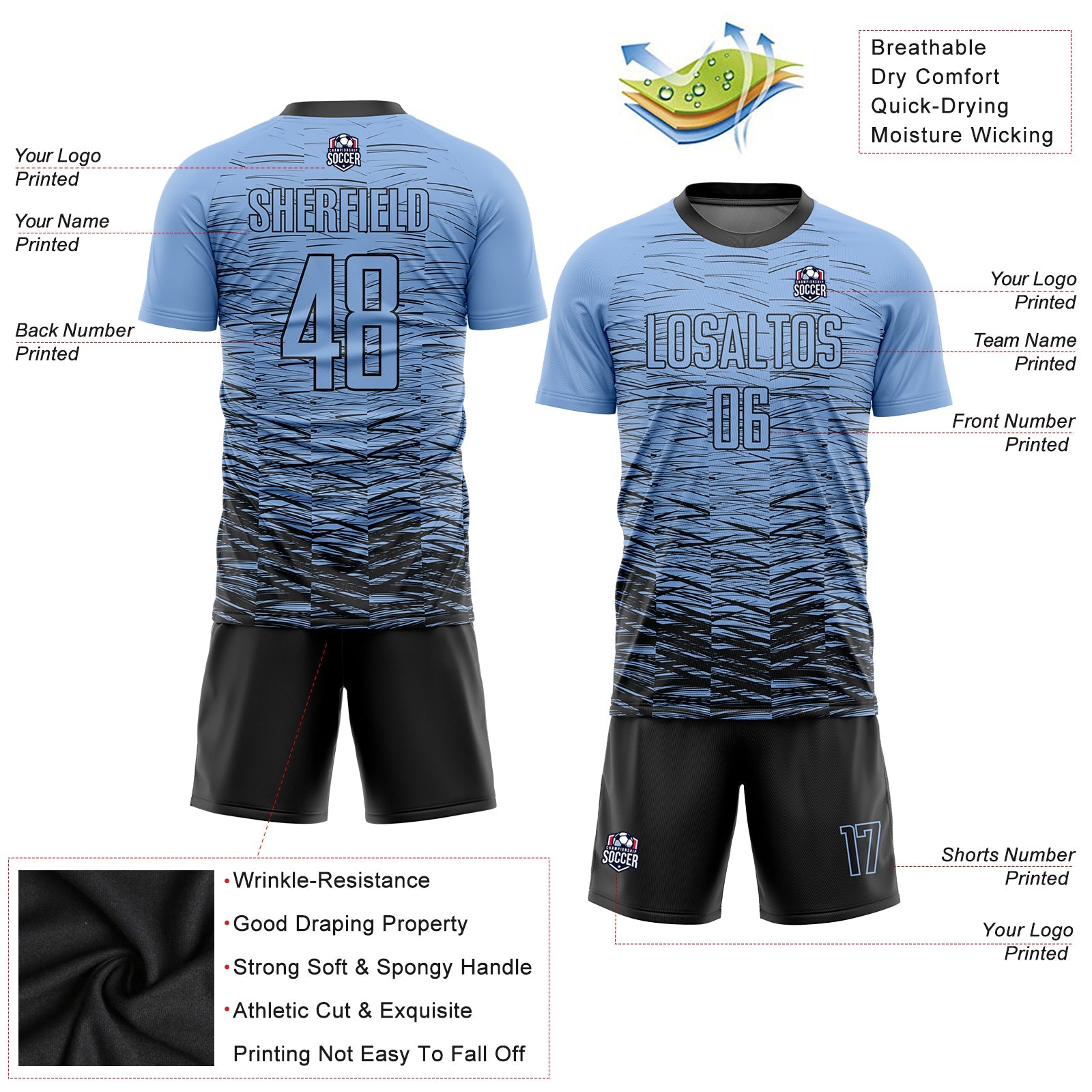 Custom Light Blue Black Sublimation Soccer Uniform Jersey view 3