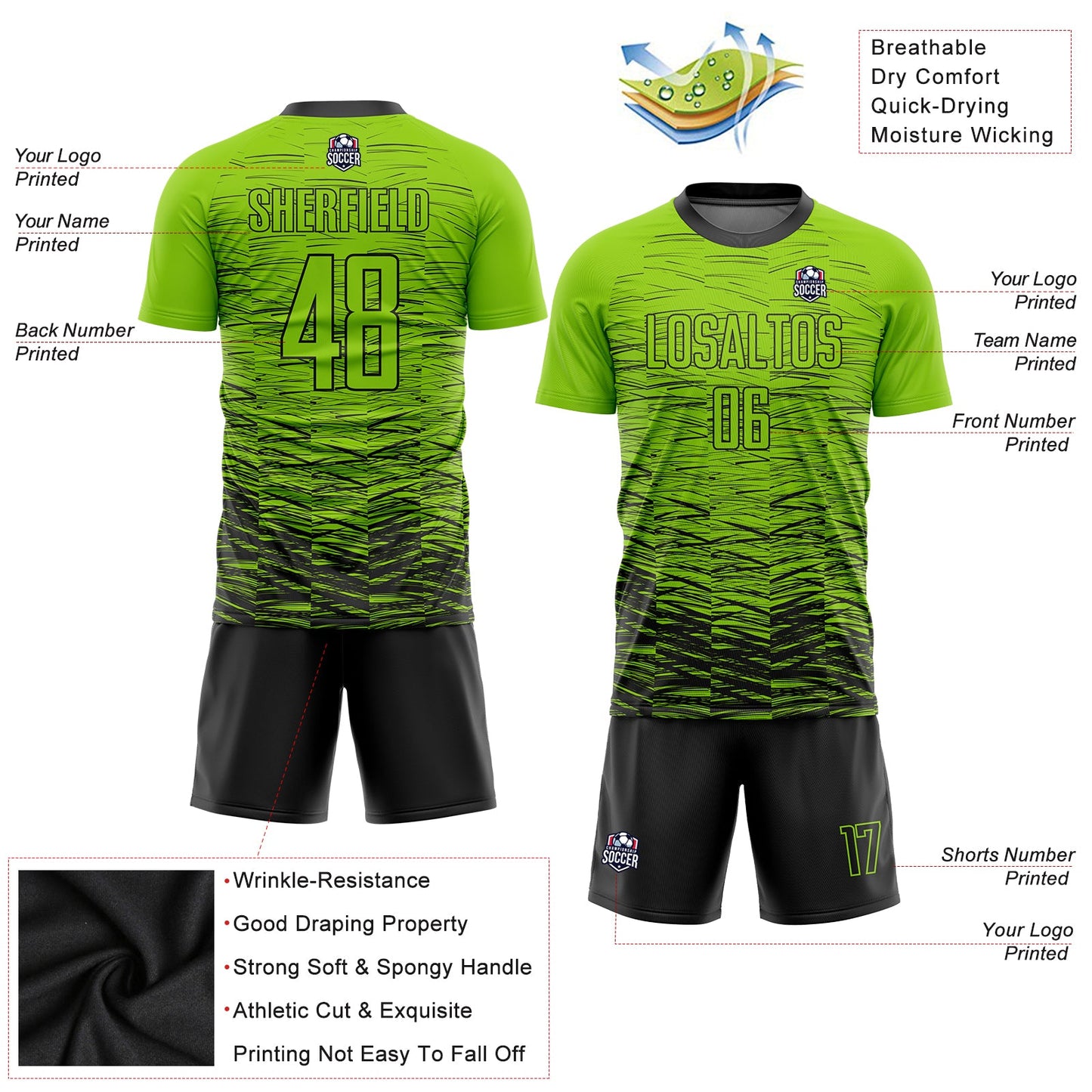 Custom Neon Green Black Sublimation Soccer Uniform Jersey view 3