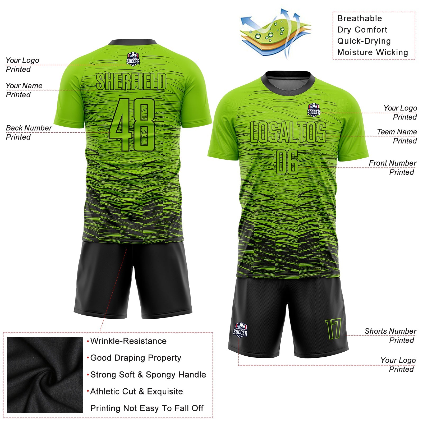 Custom Neon Green Black Sublimation Soccer Uniform Jersey view 3
