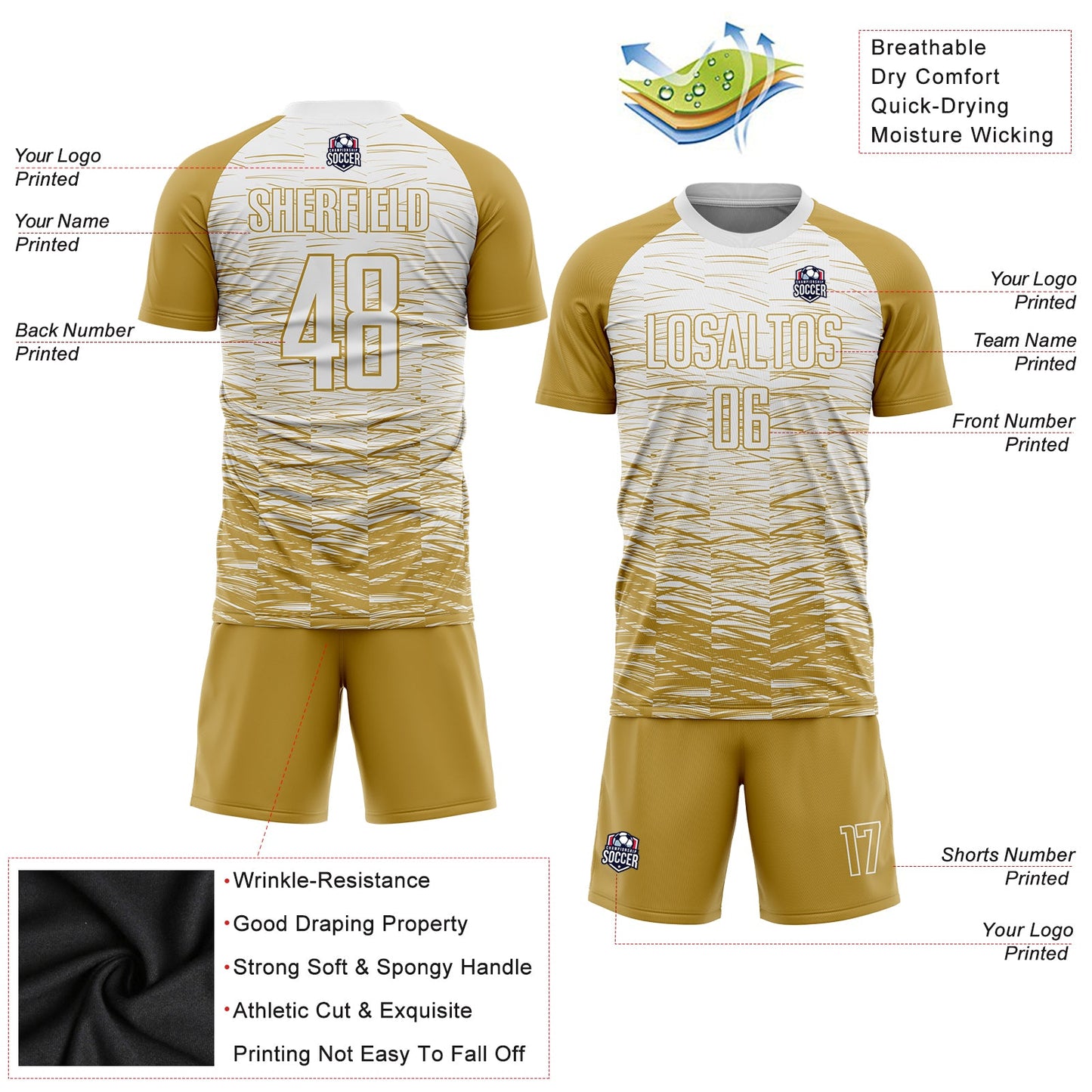 Custom Old Gold White Sublimation Soccer Uniform Jersey view 3