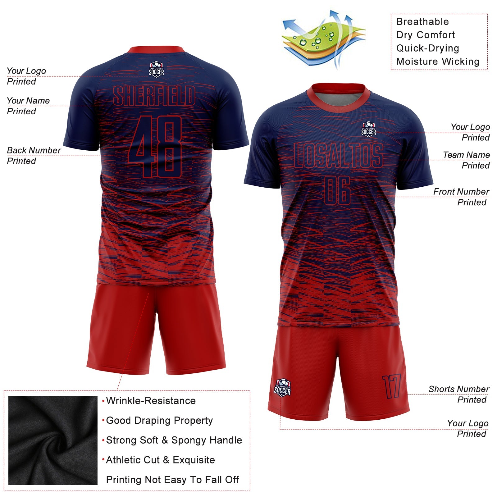 Custom Navy Red Sublimation Soccer Uniform Jersey view 3