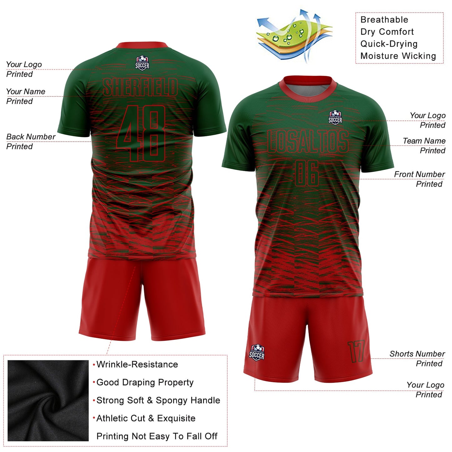 Custom Green Red Sublimation Soccer Uniform Jersey view 3