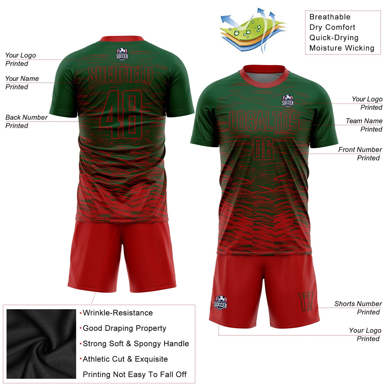 Custom Green Red Sublimation Soccer Uniform Jersey view 3