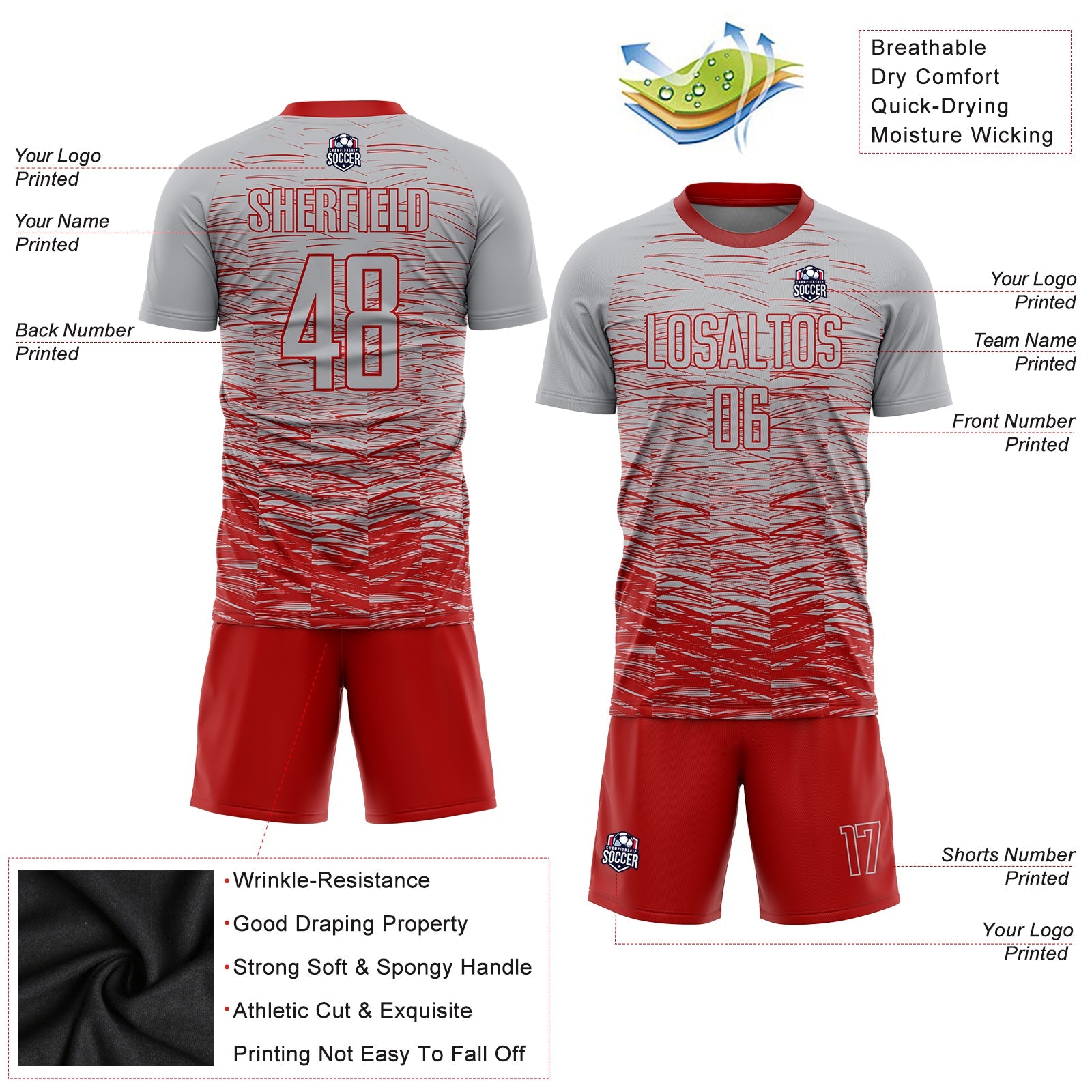 Custom Gray Red Sublimation Soccer Uniform Jersey view 3