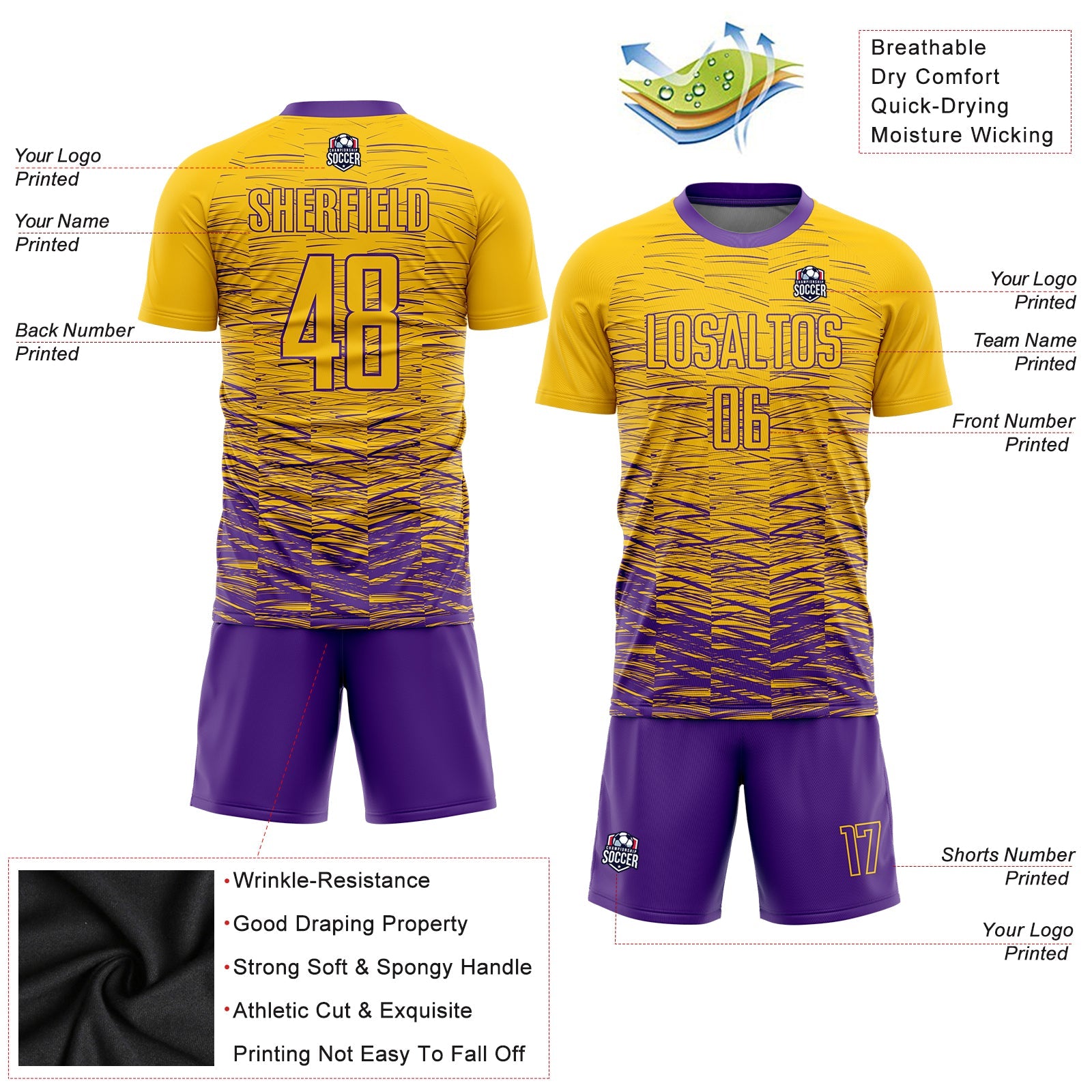 Custom Yellow Purple Sublimation Soccer Uniform Jersey view 3