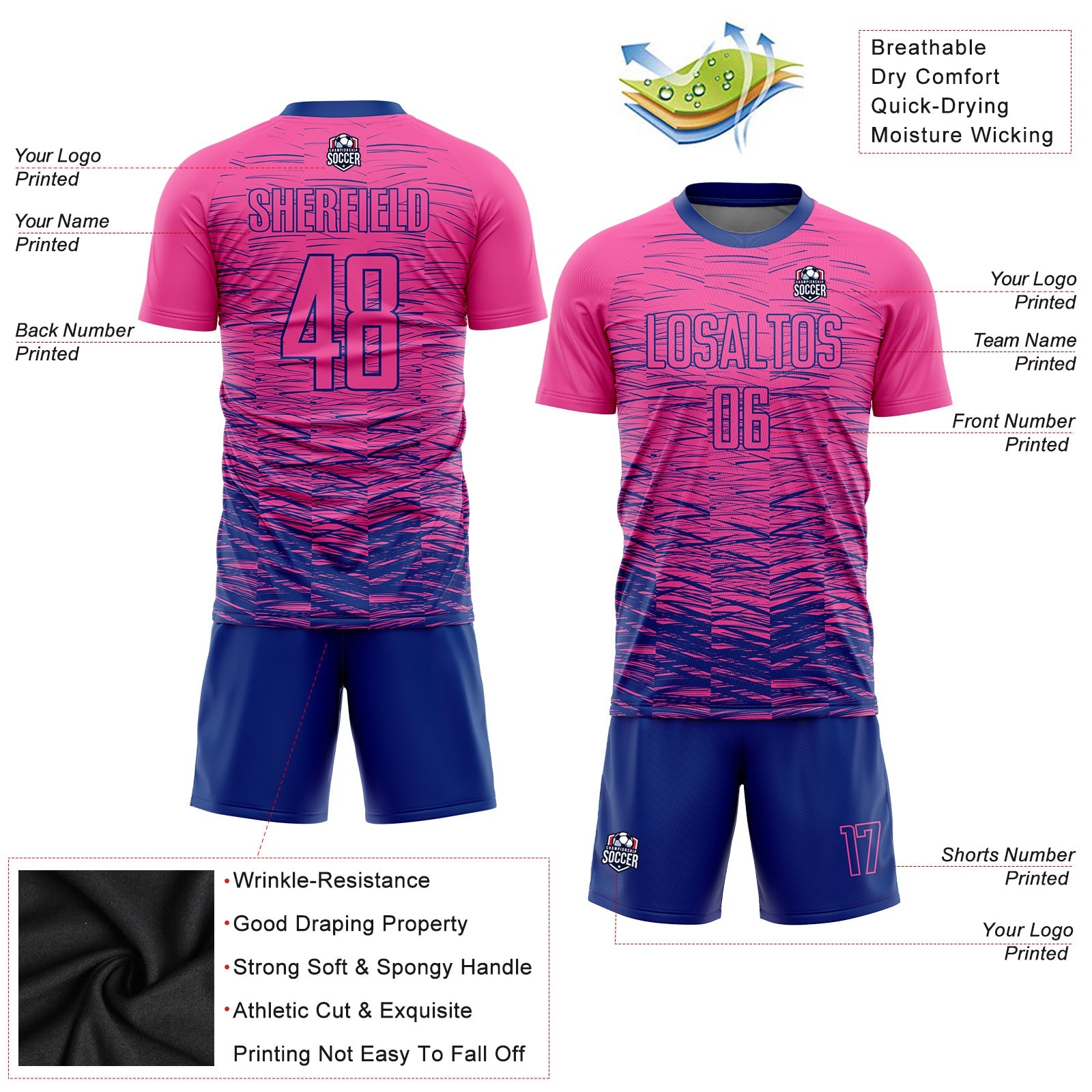 Custom Pink Royal Sublimation Soccer Uniform Jersey view 3