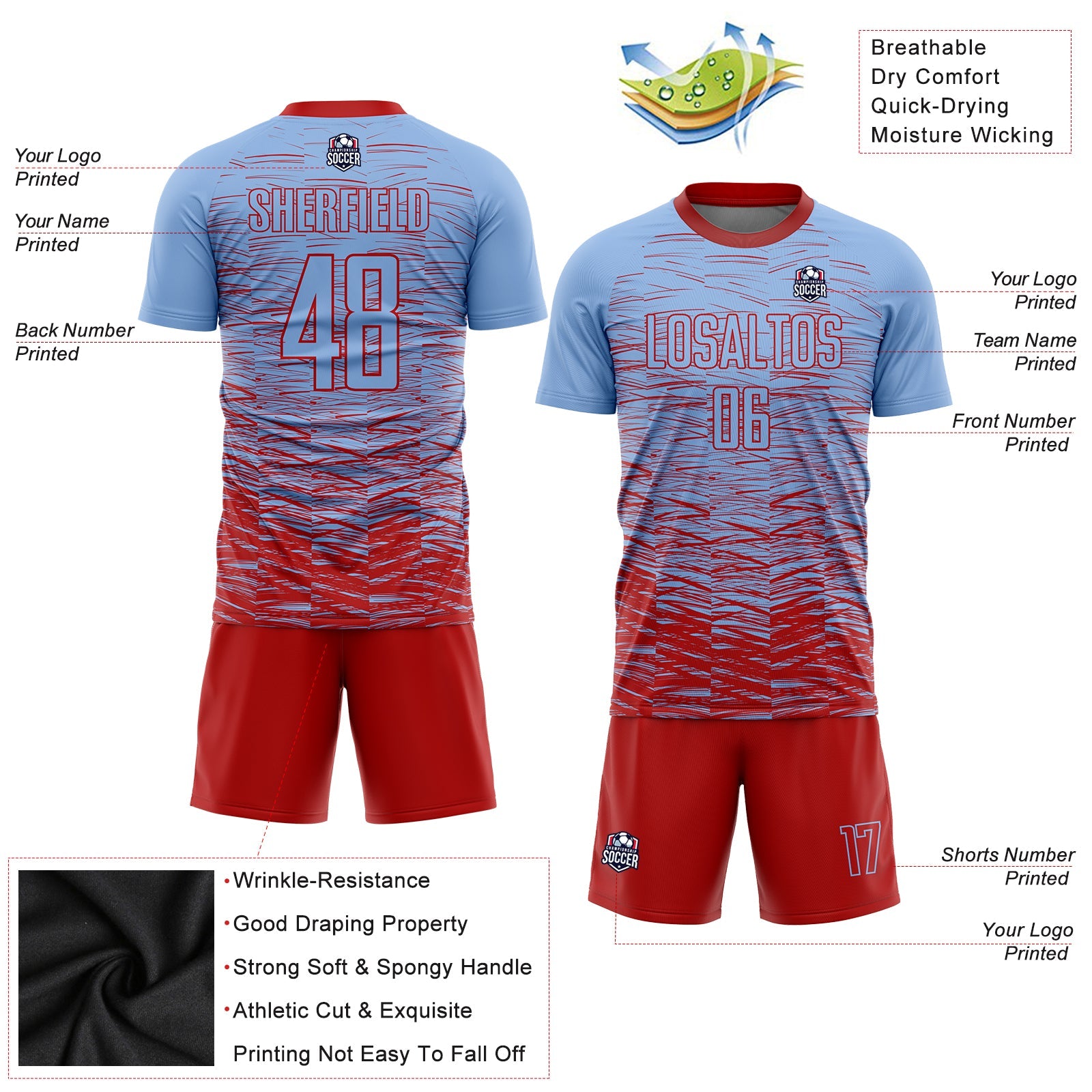 Custom Light Blue Red Sublimation Soccer Uniform Jersey view 3