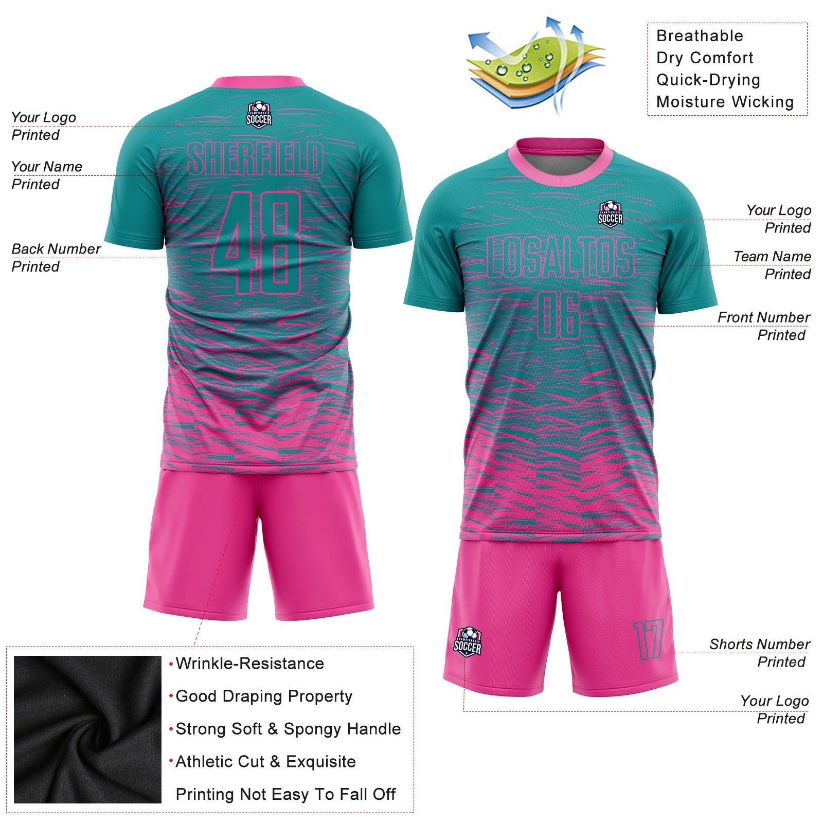 Custom Teal Pink Sublimation Soccer Uniform Jersey view 3