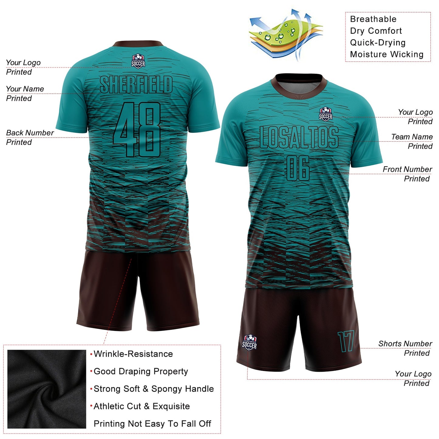Custom Teal Brown Sublimation Soccer Uniform Jersey view 3