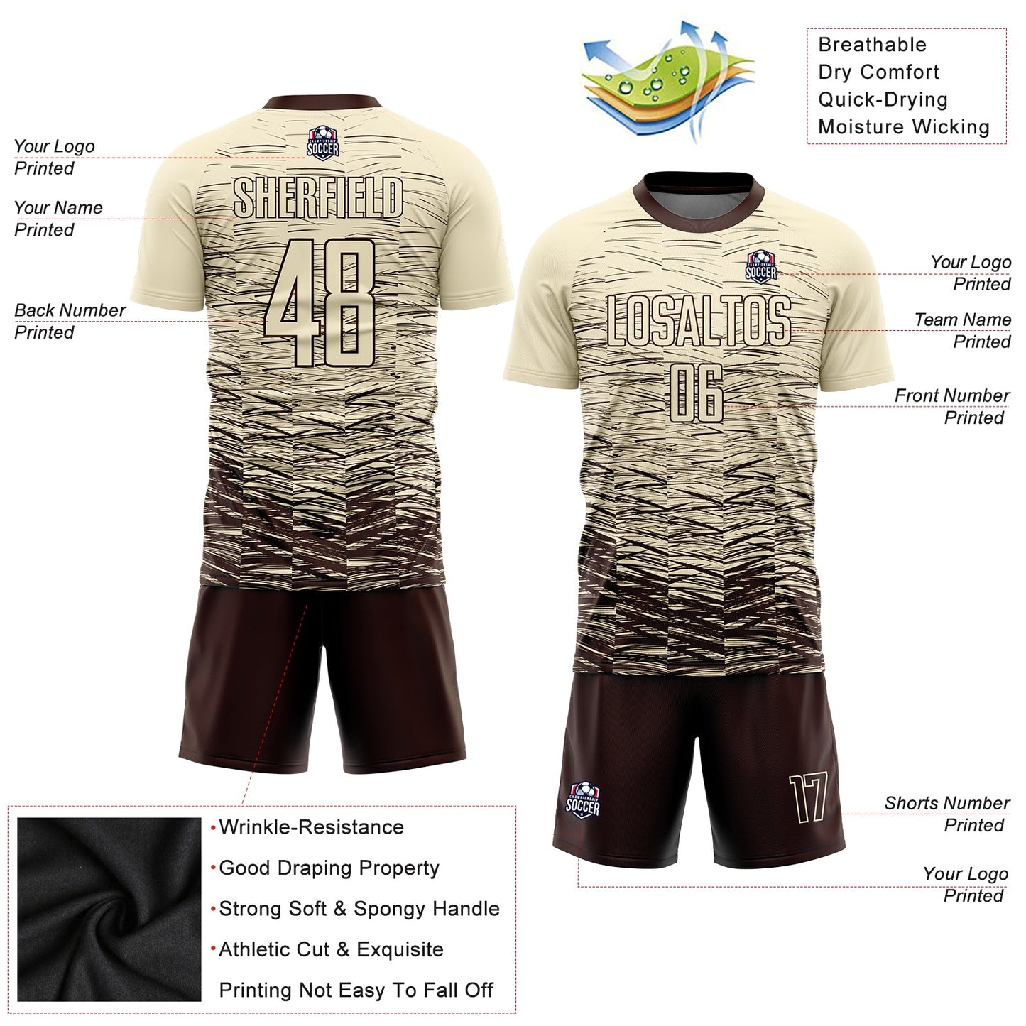 Custom Cream Brown Sublimation Soccer Uniform Jersey view 3