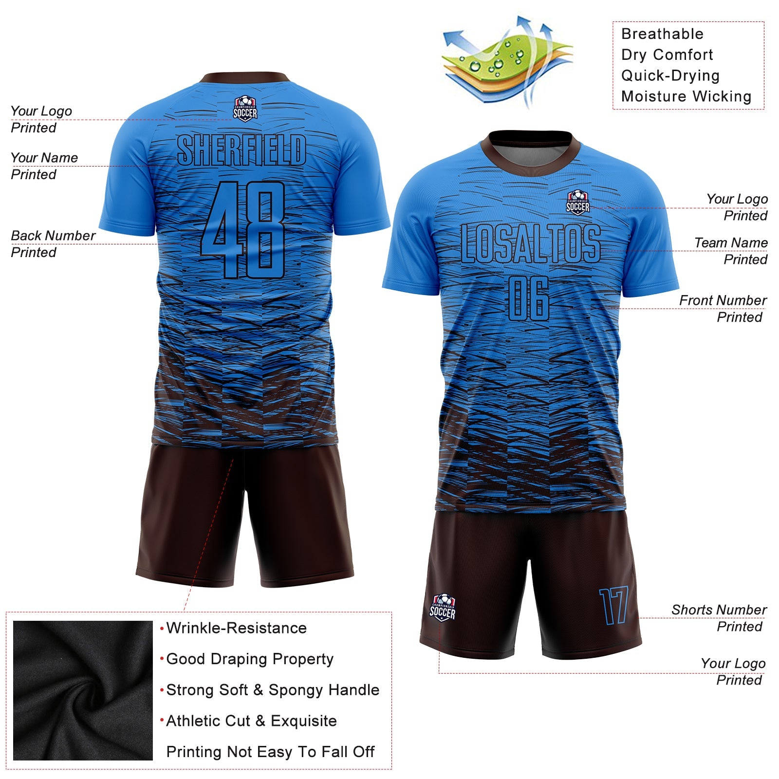 Custom Powder Blue Brown Sublimation Soccer Uniform Jersey view 3