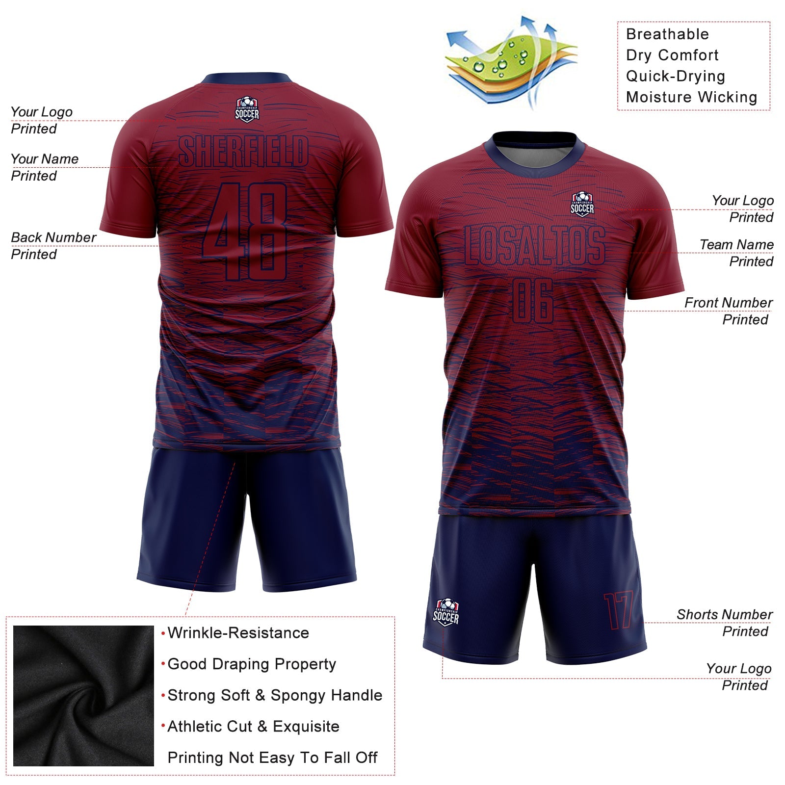 Custom Crimson Navy Sublimation Soccer Uniform Jersey view 3