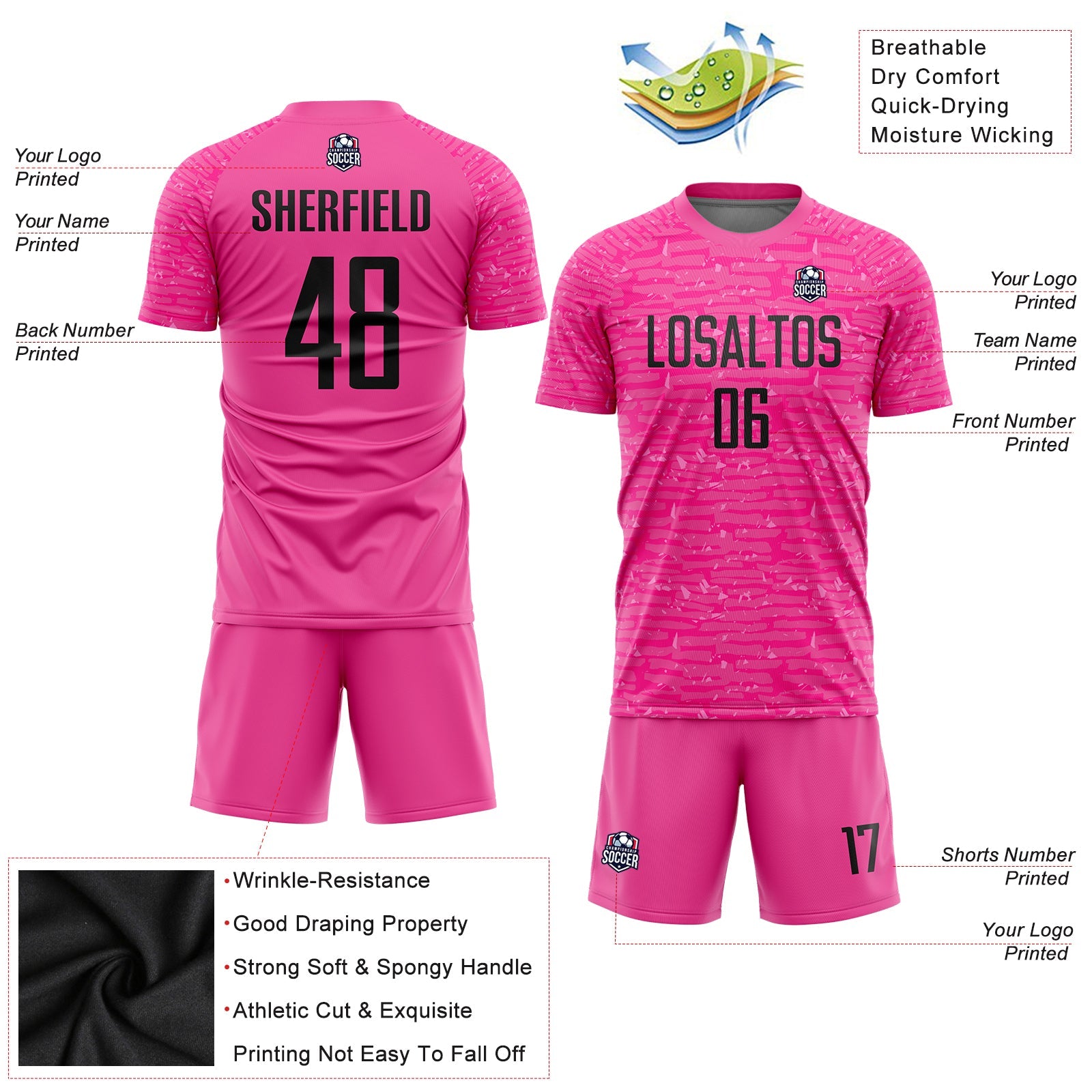 Custom Pink Black Sublimation Soccer Uniform Jersey view 3