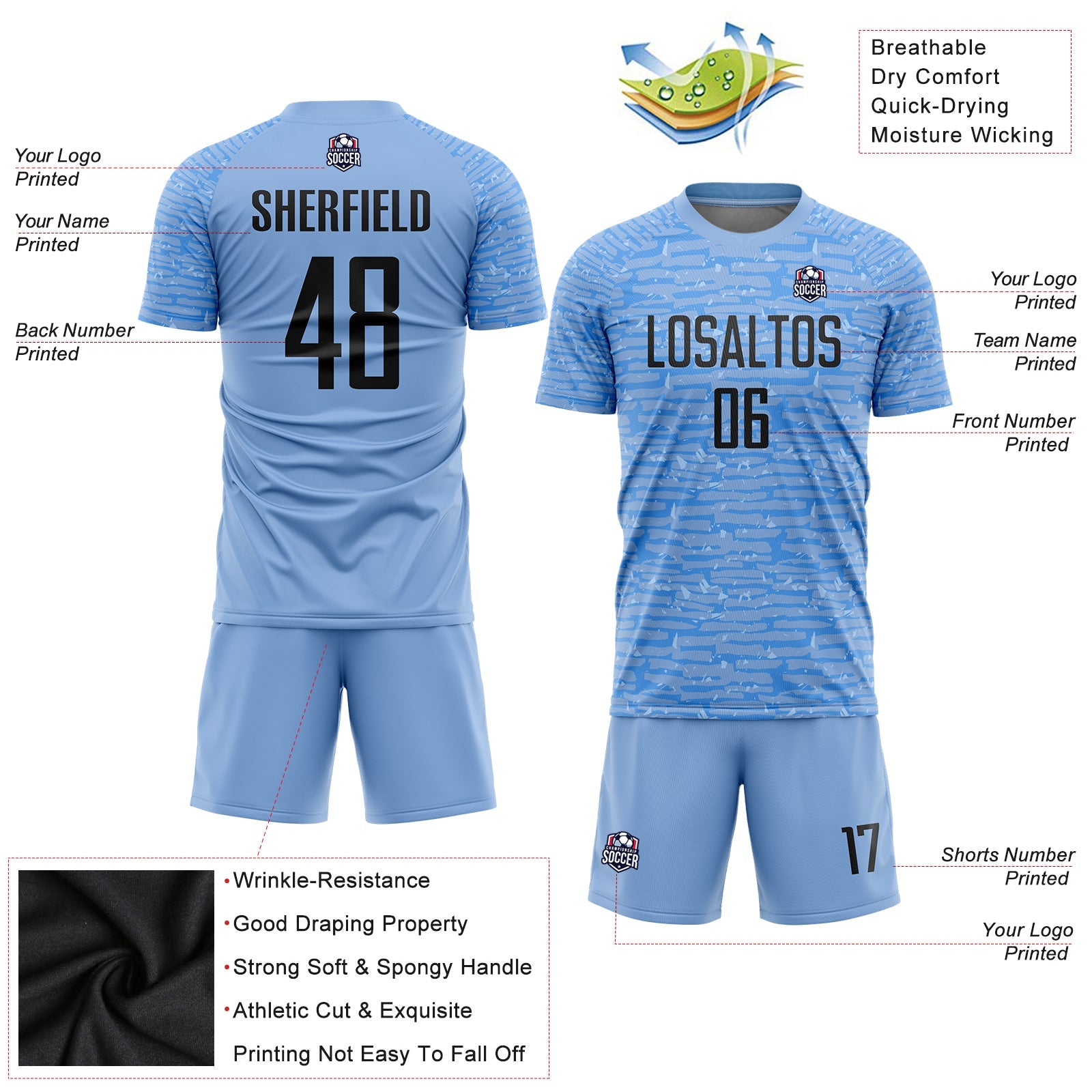 Custom Light Blue Black Sublimation Soccer Uniform Jersey view 3