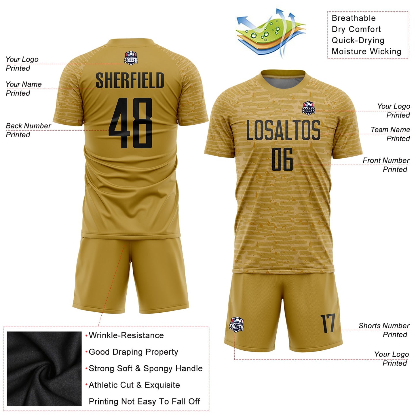 Custom Old Gold Black Sublimation Soccer Uniform Jersey view 3