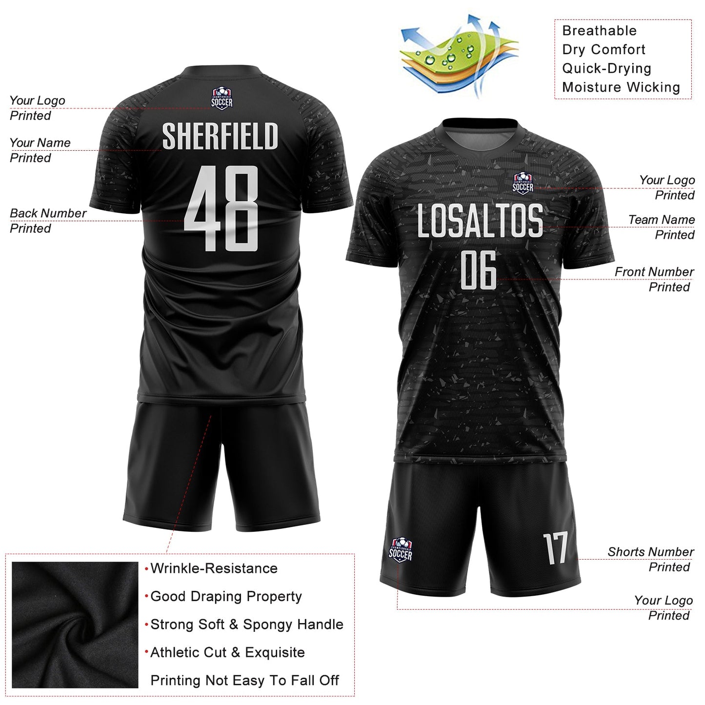 Custom Black White Sublimation Soccer Uniform Jersey view 3