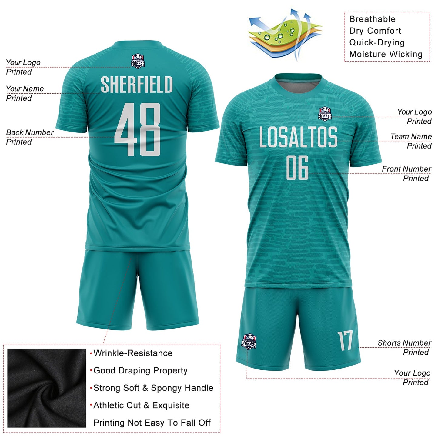 Custom Teal White Sublimation Soccer Uniform Jersey view 3