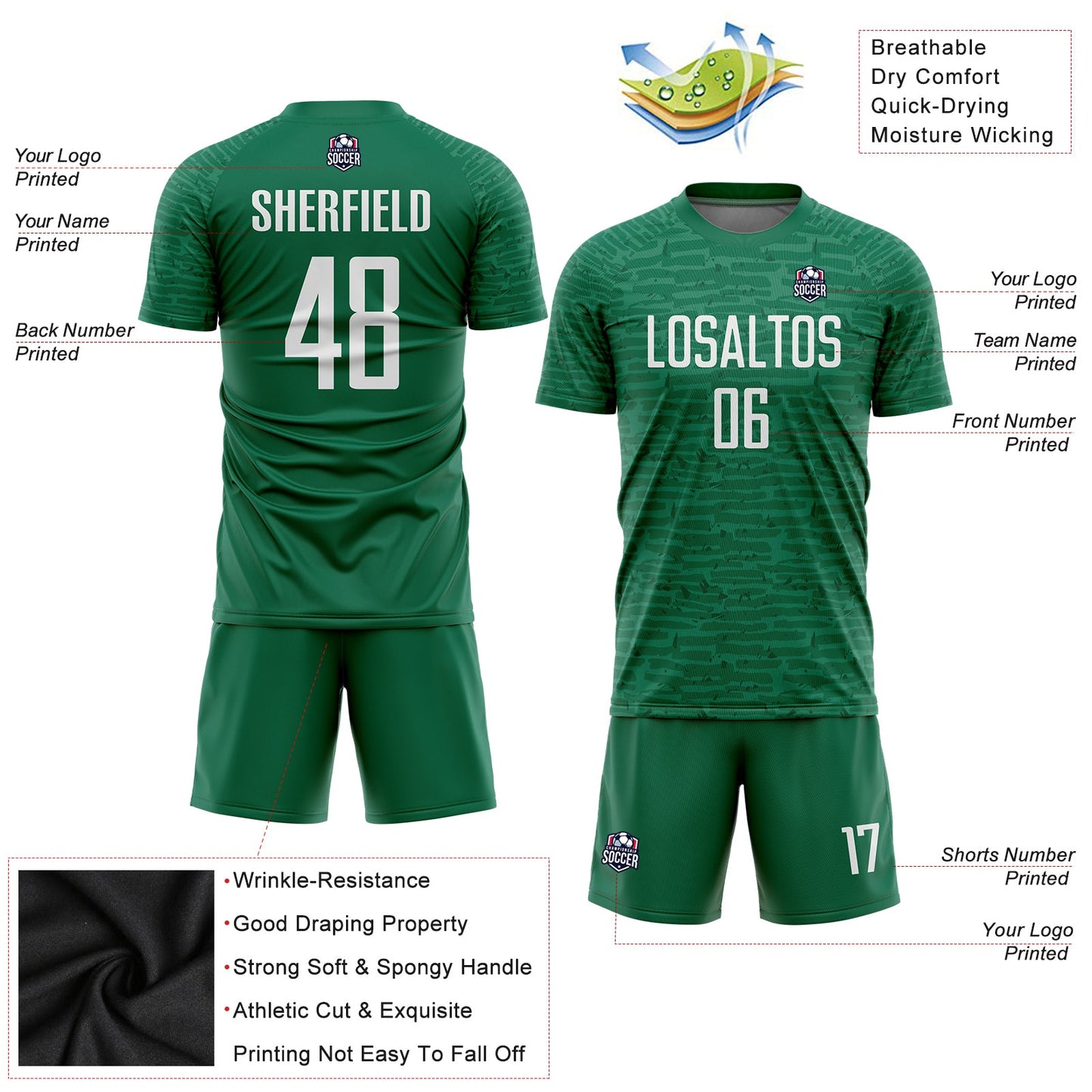 Custom Kelly Green White Sublimation Soccer Uniform Jersey view 3