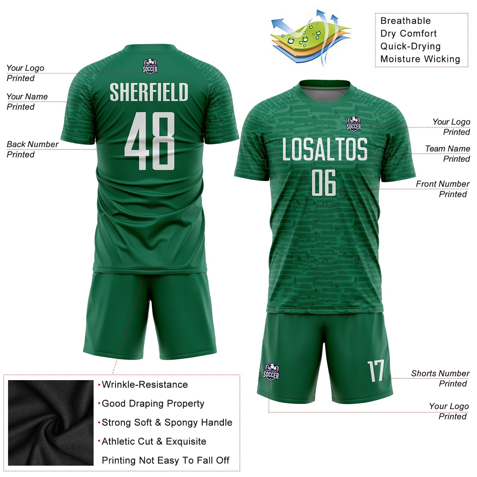 Custom Kelly Green White Sublimation Soccer Uniform Jersey view 3