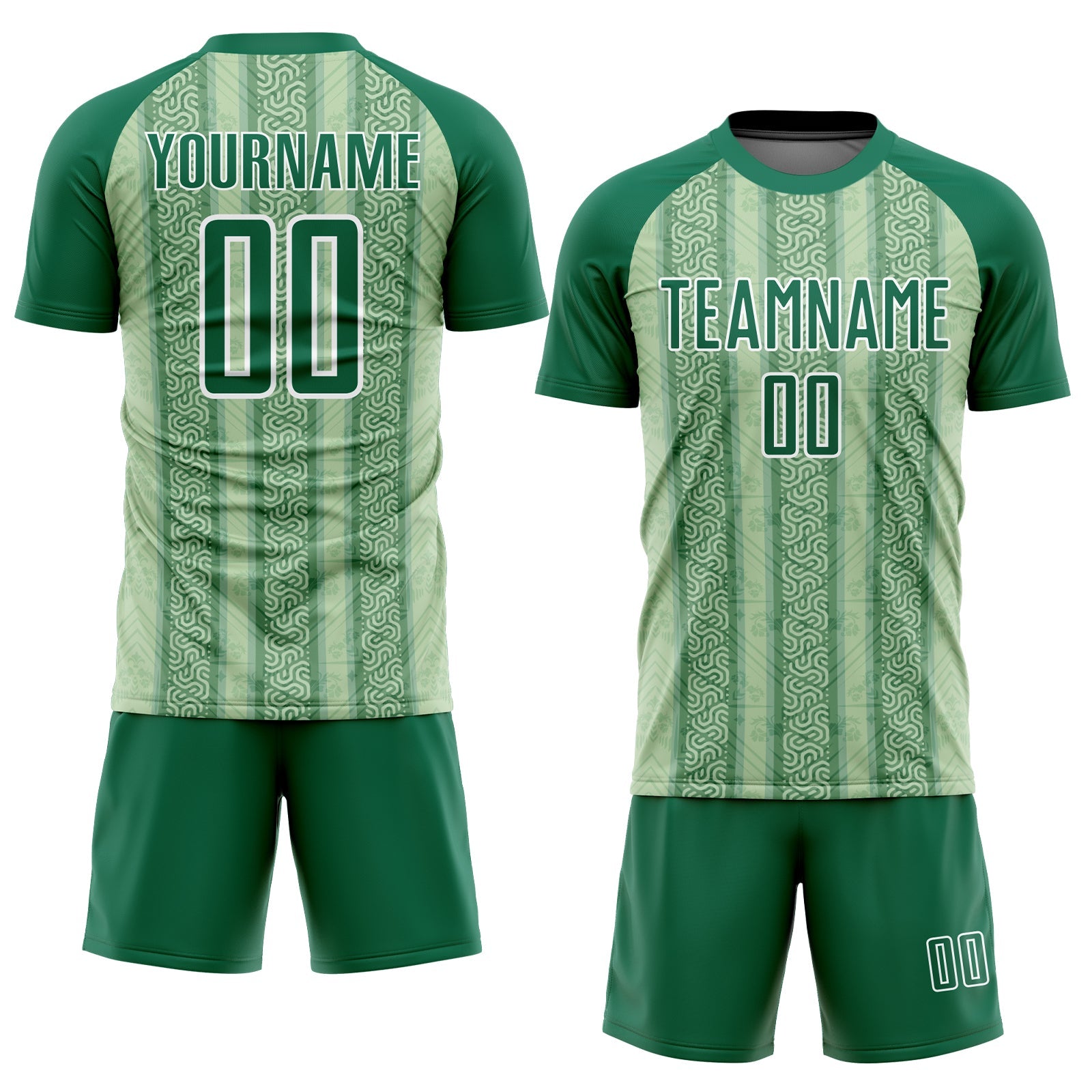 Custom Kelly Green Pea Green-White Ethnic Stripes Sublimation Soccer Uniform Jersey view 2