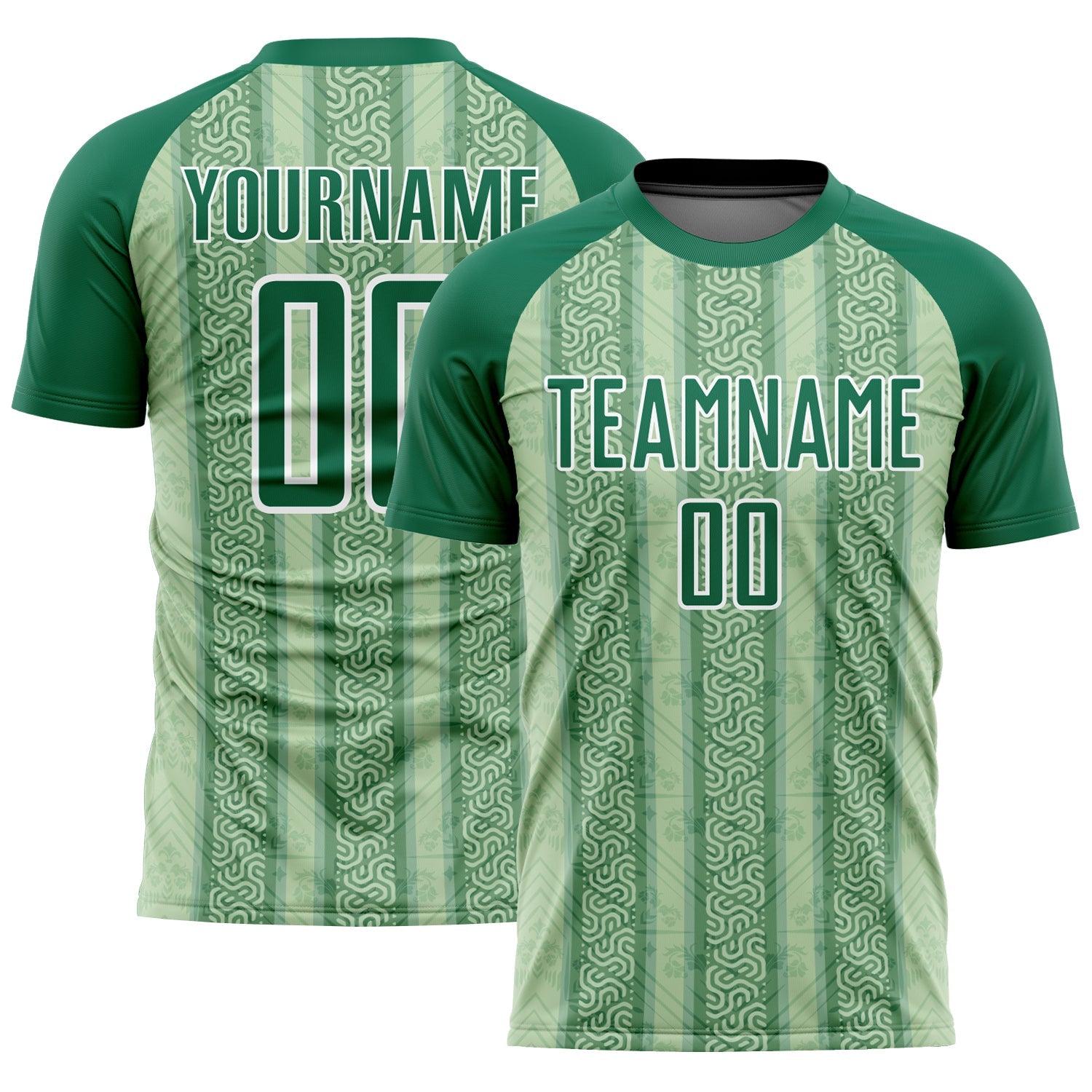 Custom Kelly Green Pea Green-White Ethnic Stripes Sublimation Soccer Uniform Jersey - Main View
