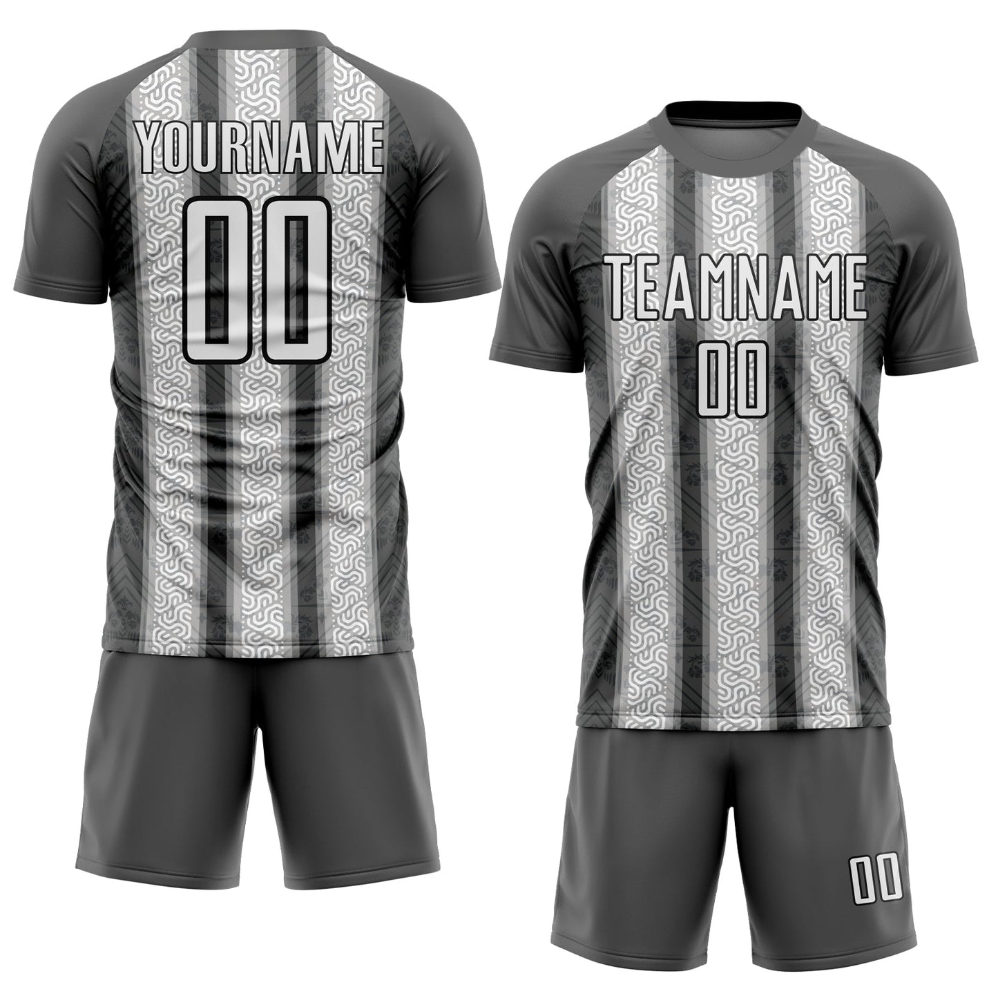 Custom Steel Gray White-Black Ethnic Stripes Sublimation Soccer Uniform Jersey view 2