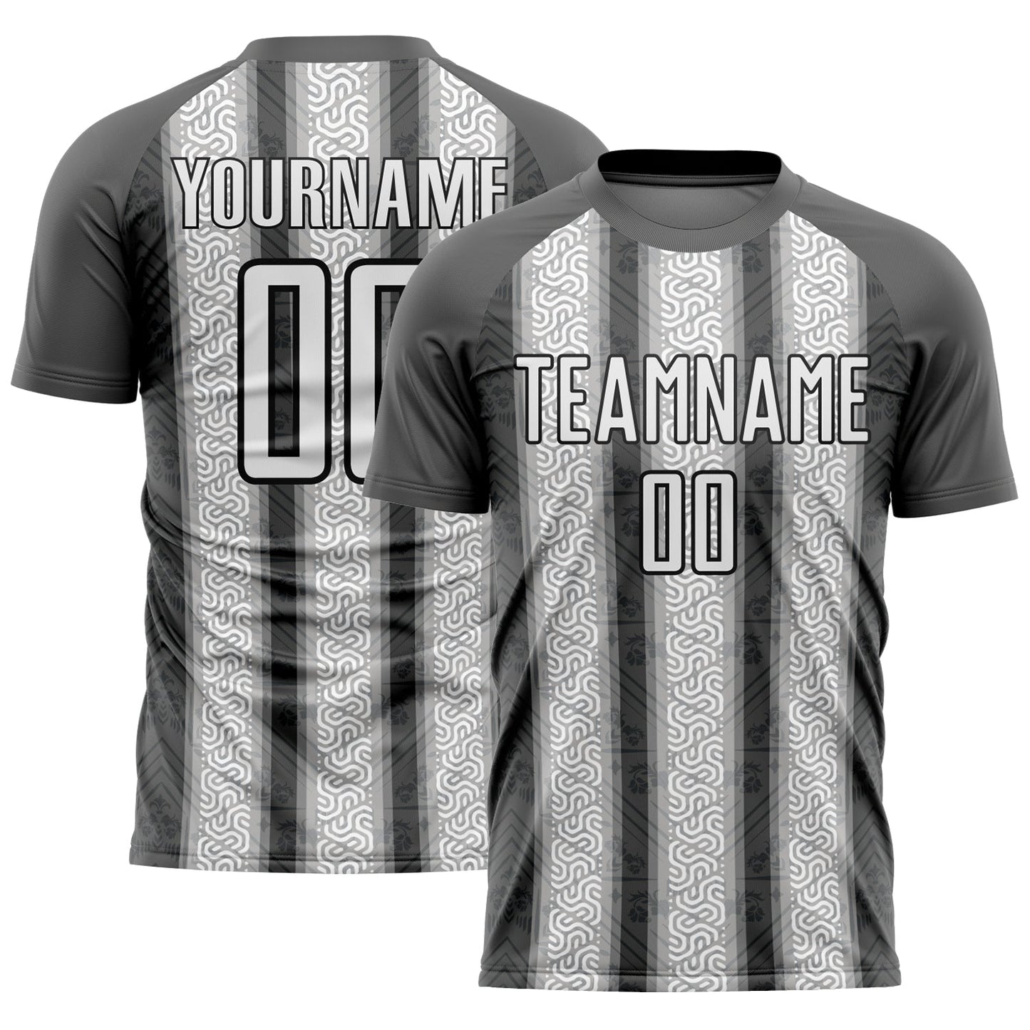Custom Steel Gray White-Black Ethnic Stripes Sublimation Soccer Uniform Jersey - Main View